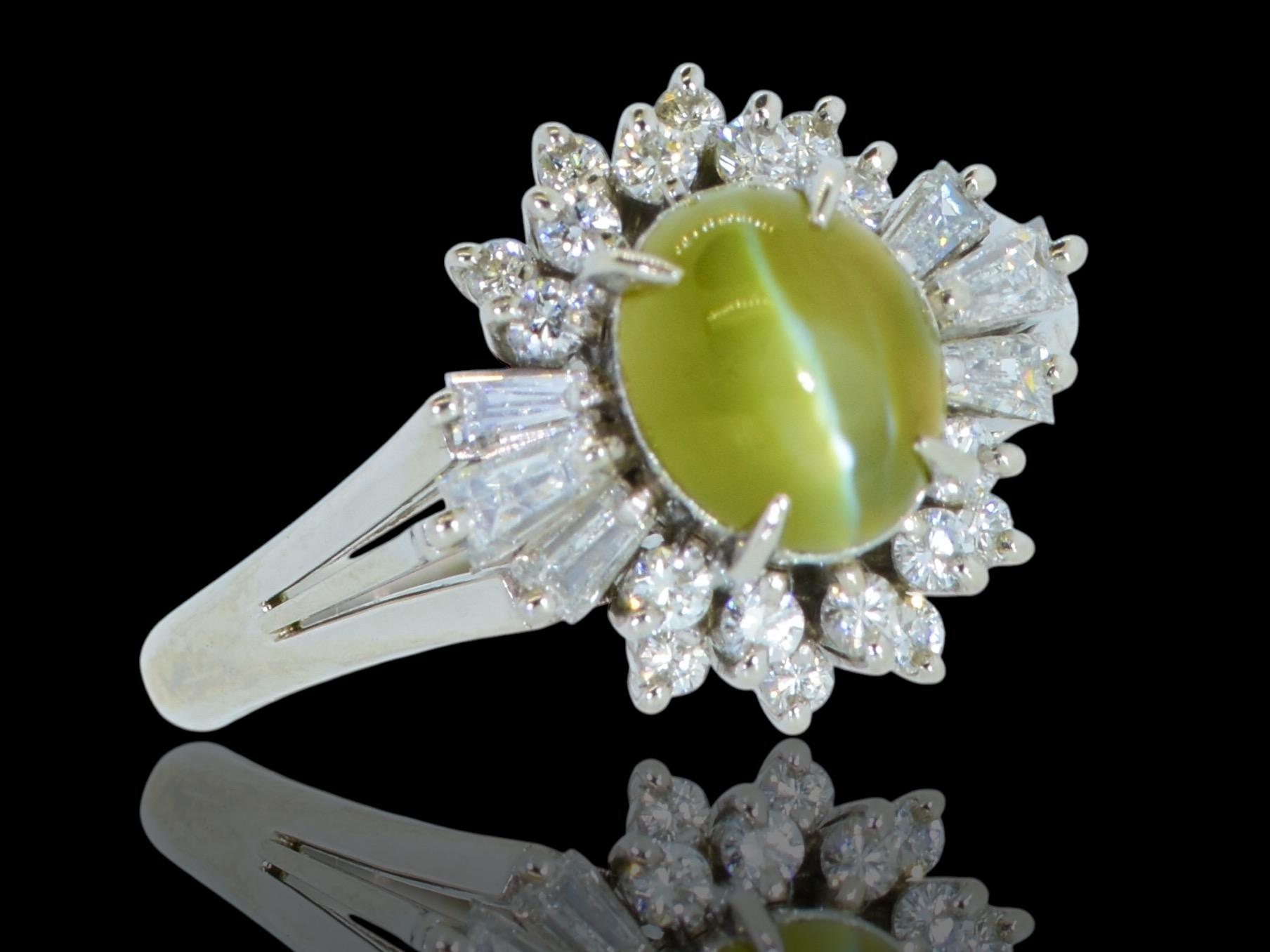 Very Fine Intense color Cat's Eye Chrysoberyl & White Diamond Platinum Ring. For Sale 3
