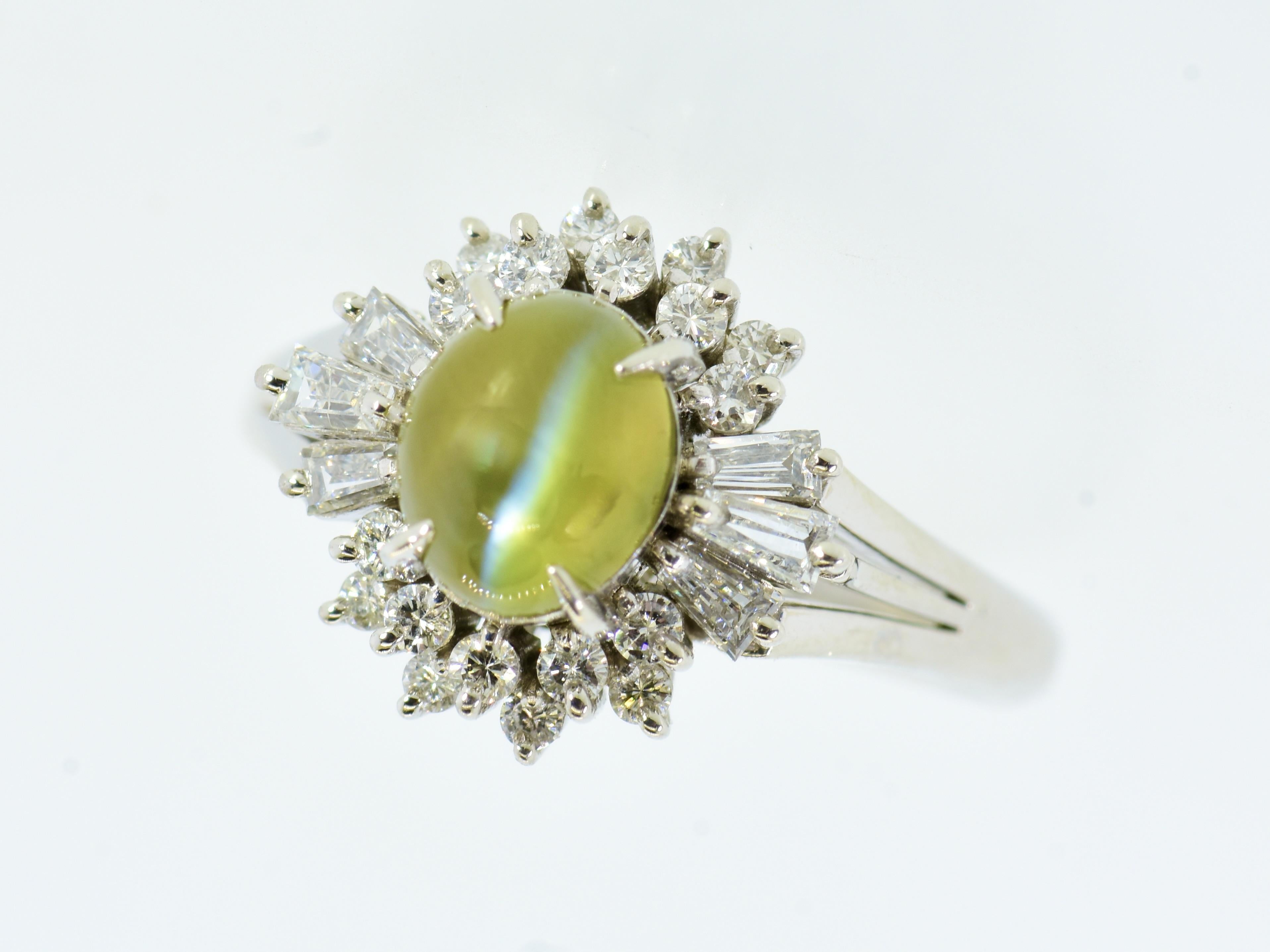 Very Fine Intense color Cat's Eye Chrysoberyl & White Diamond Platinum Ring. For Sale 7