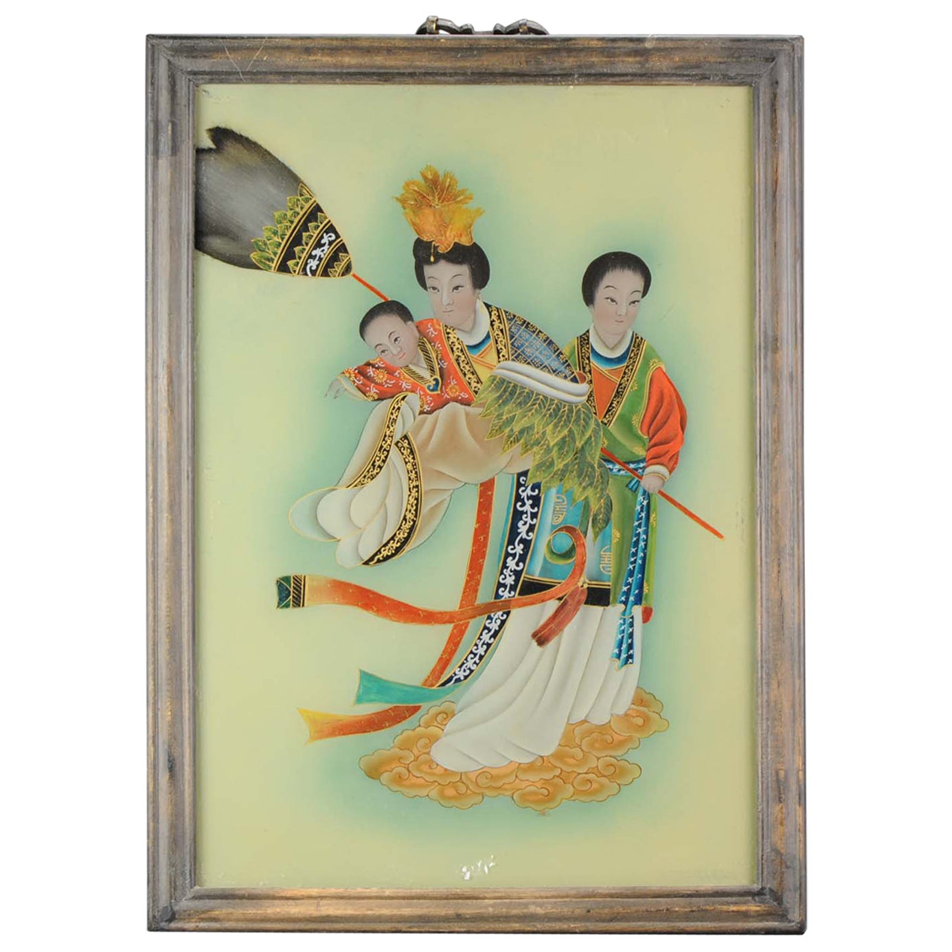 Très belle peinture chinoise derrière verre représentant des femmes dans un jardin, 20e siècle
