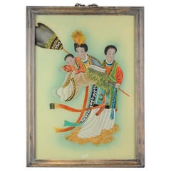 Très belle peinture chinoise derrière verre représentant des femmes dans un jardin, 20e siècle