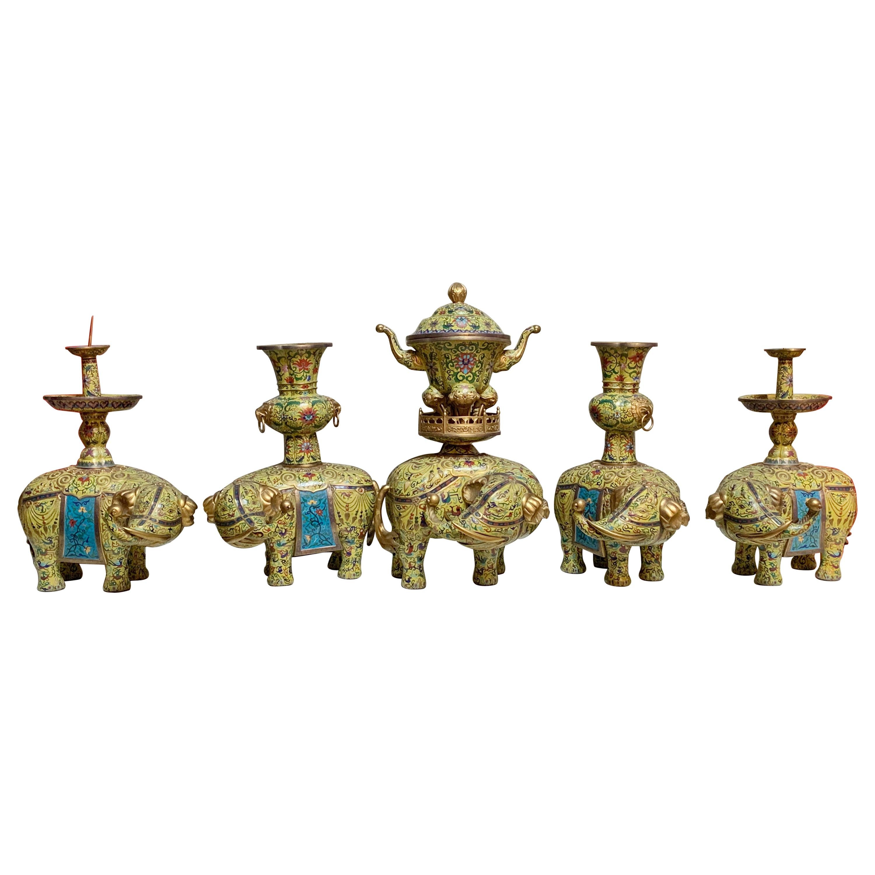 Five Piece Elephant Chinese Yellow and Blue Cloisonne and Gilt Bronze Alter Set