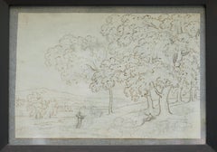 Très belle étude d'un paysage classique en graphite et stylo de l'école française datant d'environ 1750