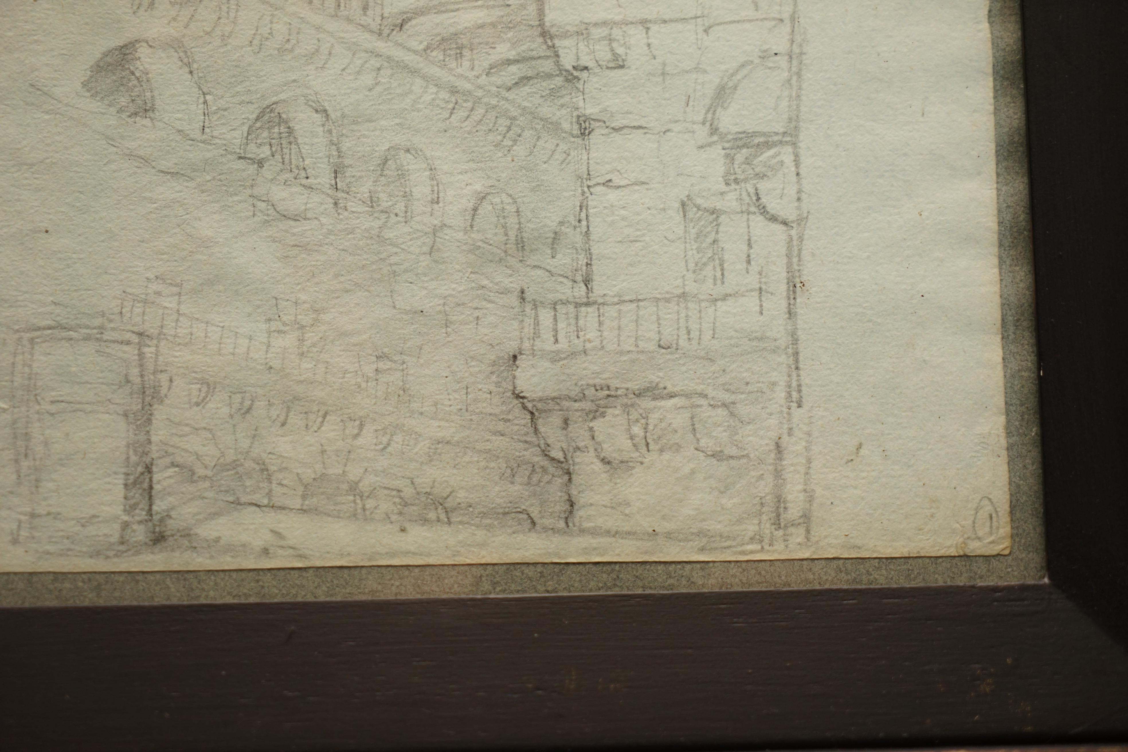 Mid-18th Century Very Fine Circa 1750 French School Study of Architectural Capriccio in Pencil For Sale