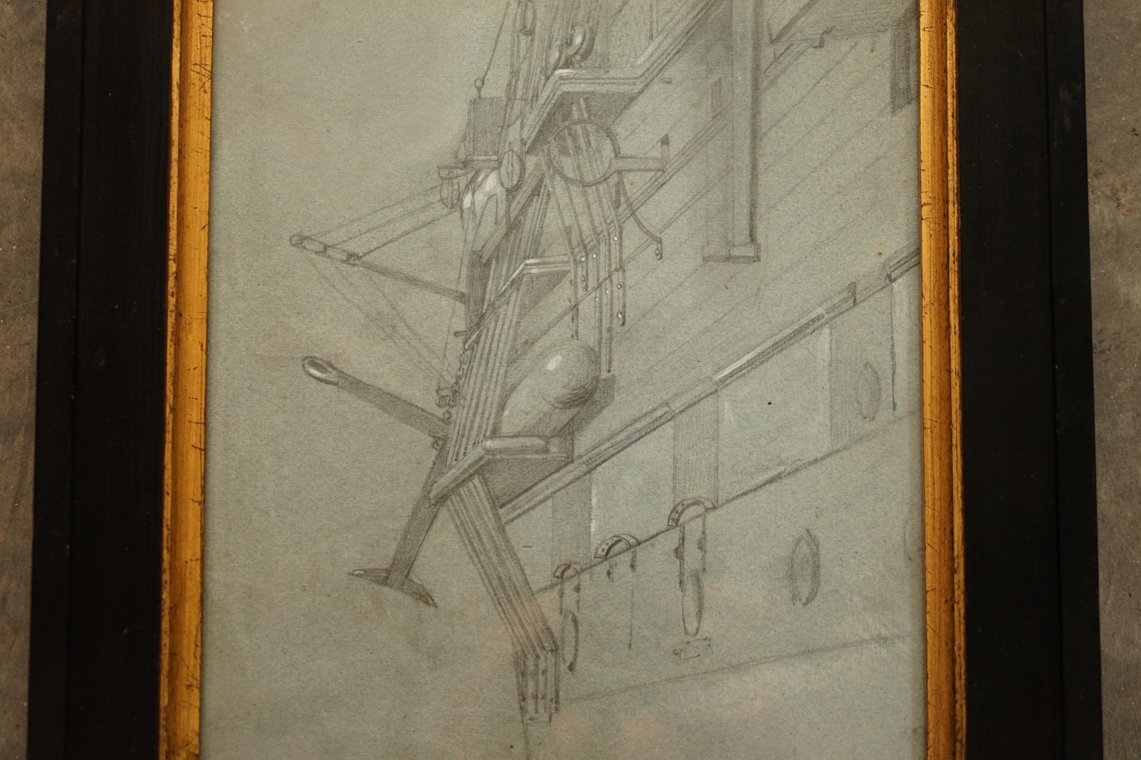 Early Victorian Very Fine circa 1850 French School Study of the Side of a Ship in Chalk on Paper For Sale