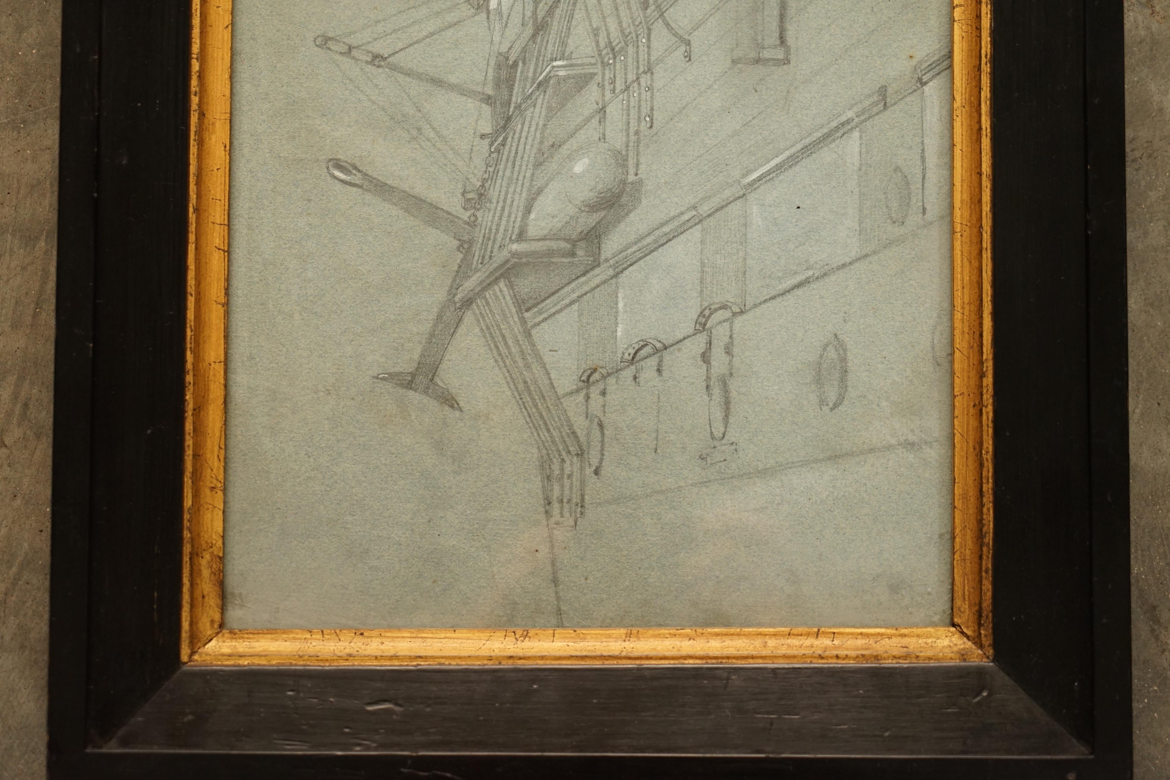 Hand-Crafted Very Fine circa 1850 French School Study of the Side of a Ship in Chalk on Paper For Sale