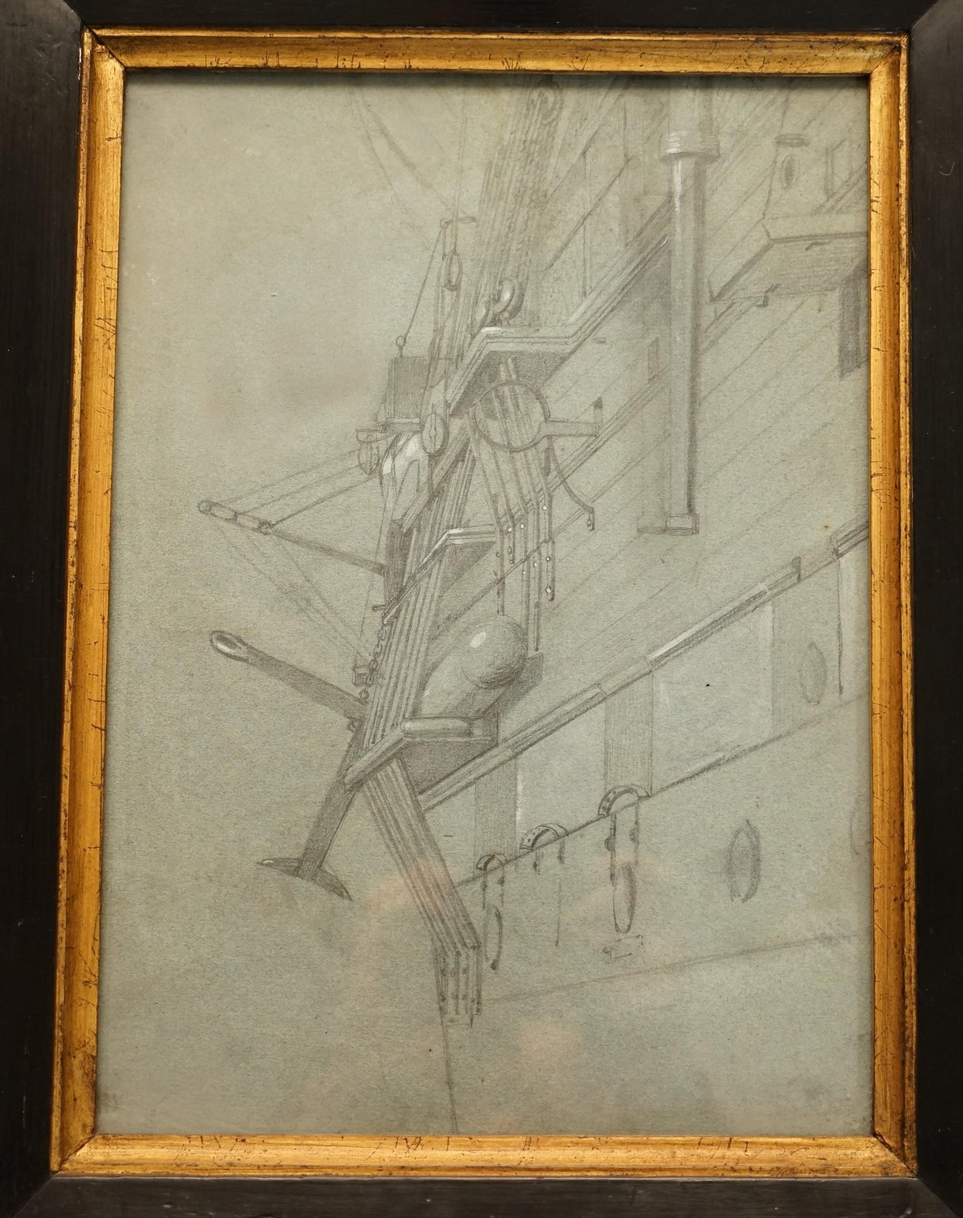 Mid-19th Century Very Fine circa 1850 French School Study of the Side of a Ship in Chalk on Paper For Sale