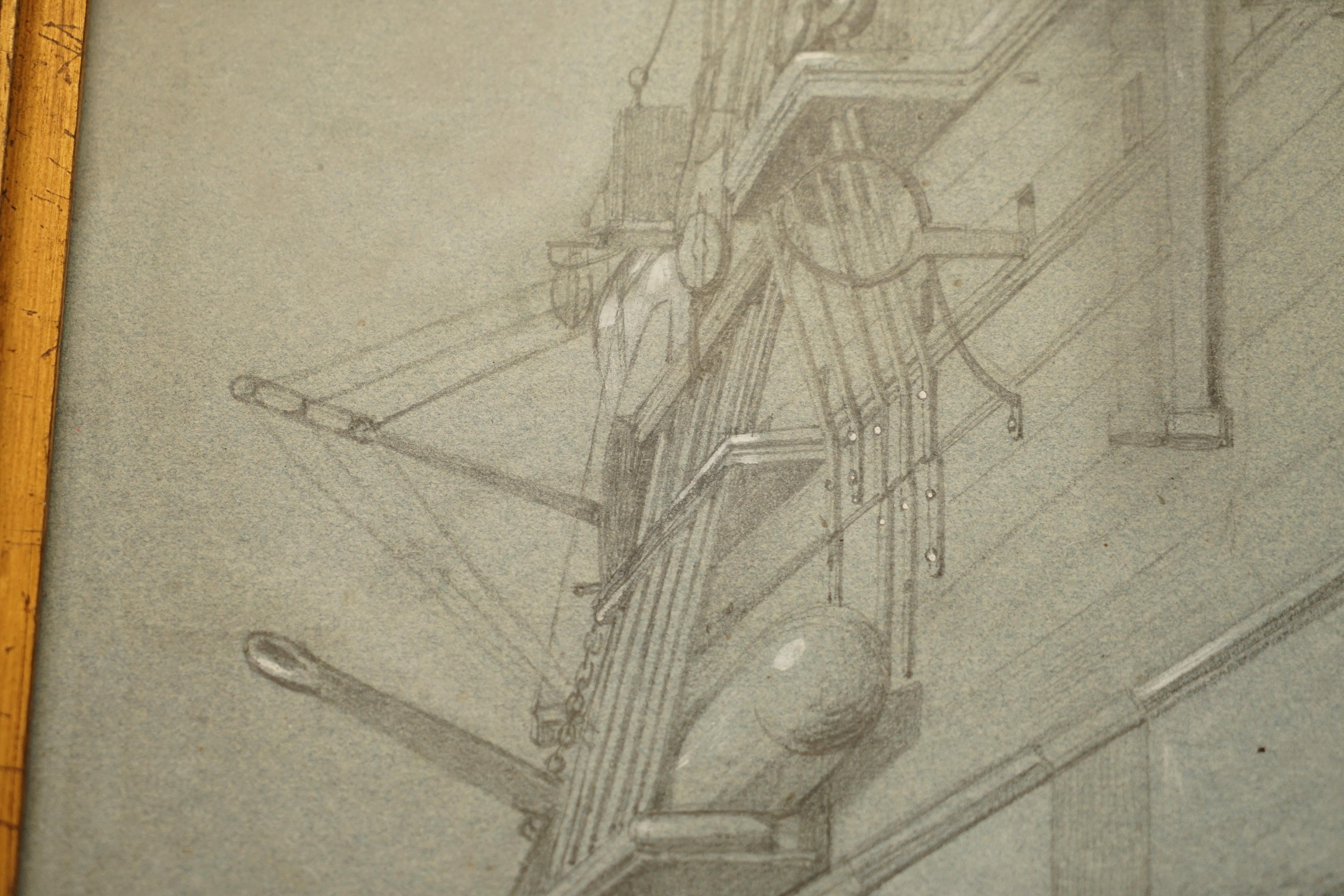 Very Fine circa 1850 French School Study of the Side of a Ship in Chalk on Paper For Sale 1