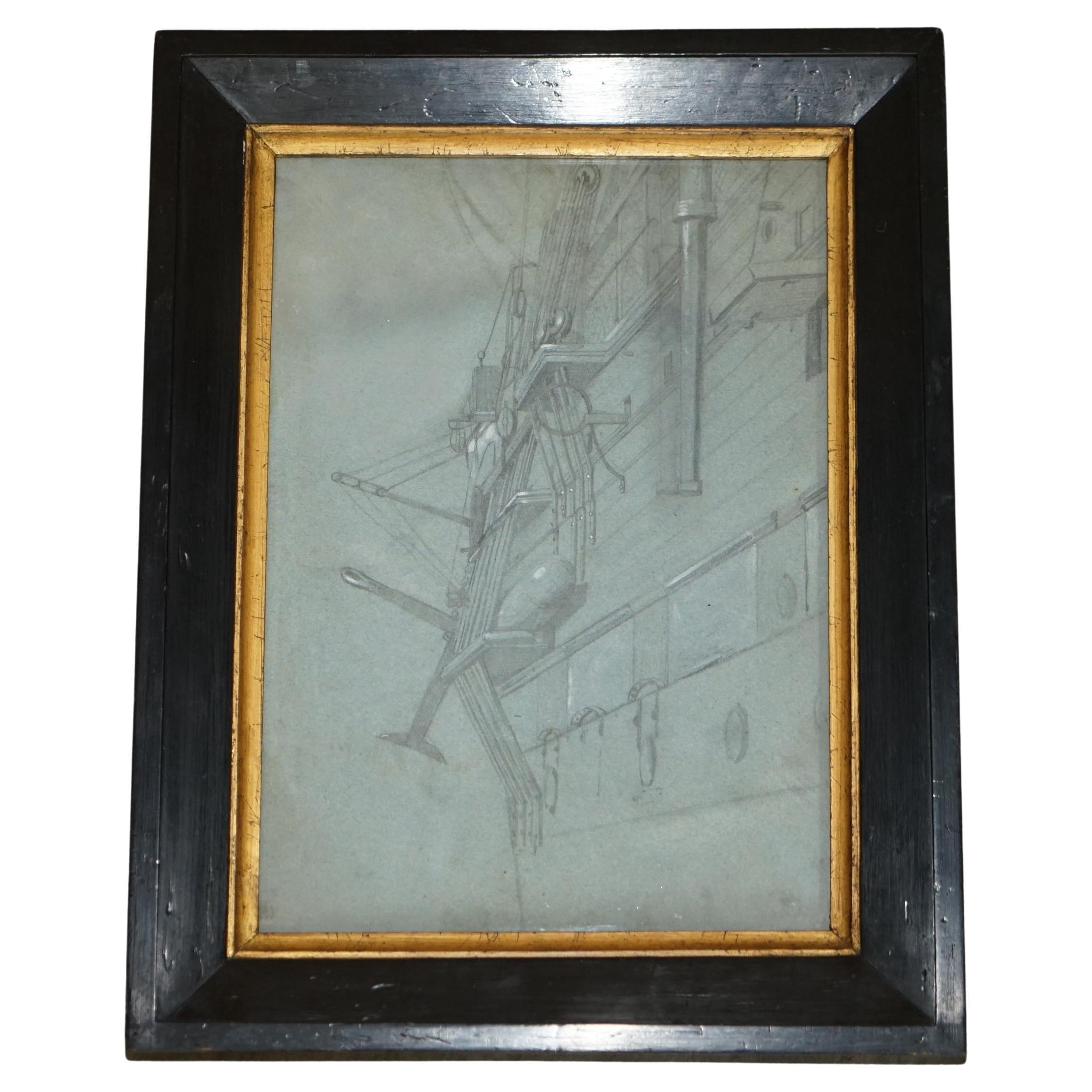 Very Fine circa 1850 French School Study of the Side of a Ship in Chalk on Paper