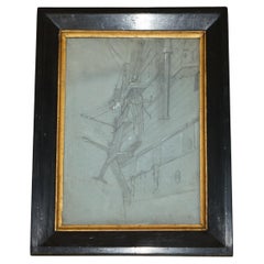 Antique Very Fine circa 1850 French School Study of the Side of a Ship in Chalk on Paper