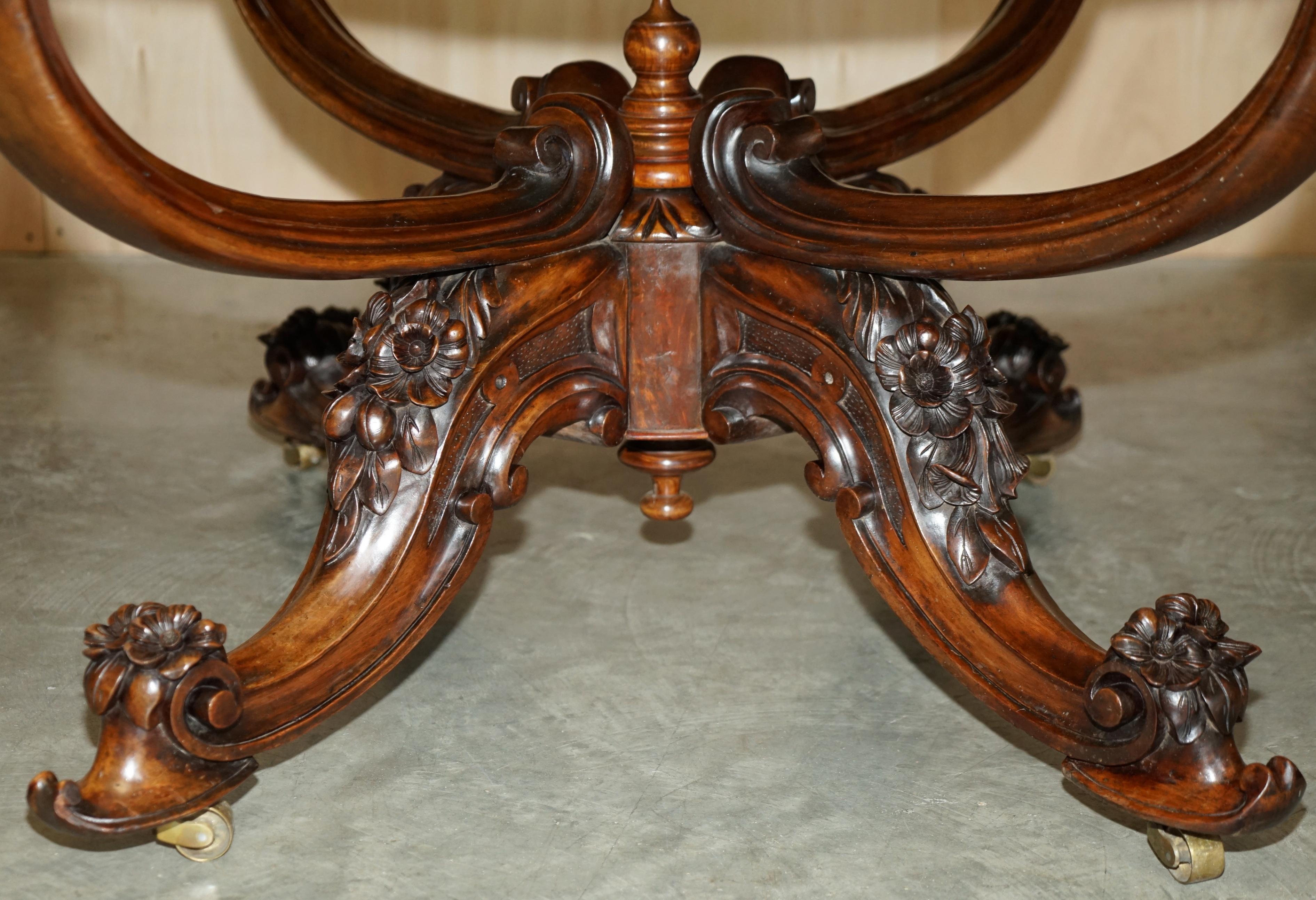 Very Fine circa 1860 Antique Victorian Ornately Carved Centre Burr Walnut Table For Sale 11
