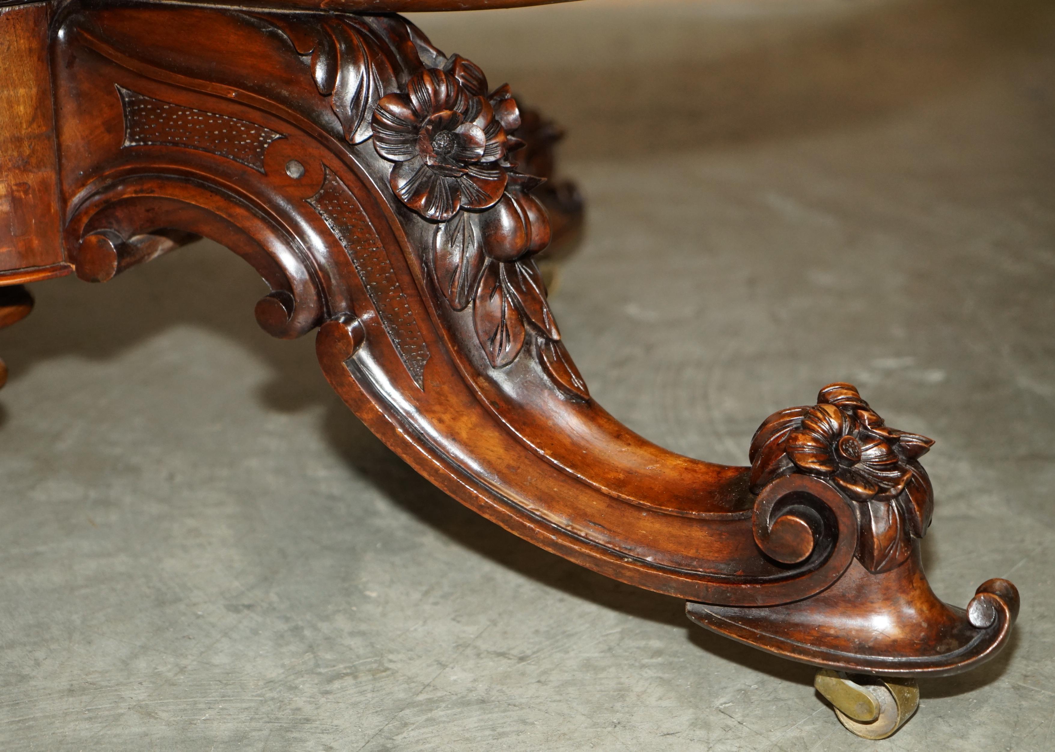 Very Fine circa 1860 Antique Victorian Ornately Carved Centre Burr Walnut Table For Sale 2