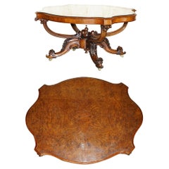 Very Fine circa 1860 Antique Victorian Ornately Carved Centre Burr Walnut Table