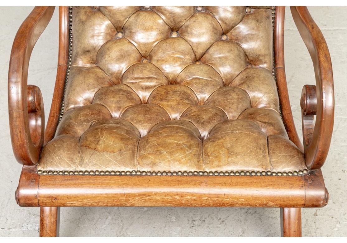 Very Fine Classic Antique Lolling Chair in Tufted Tan Leather 5