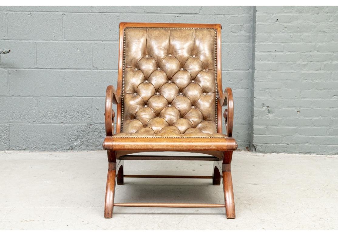 Very Fine Classic Antique Lolling Chair in Tufted Tan Leather 6
