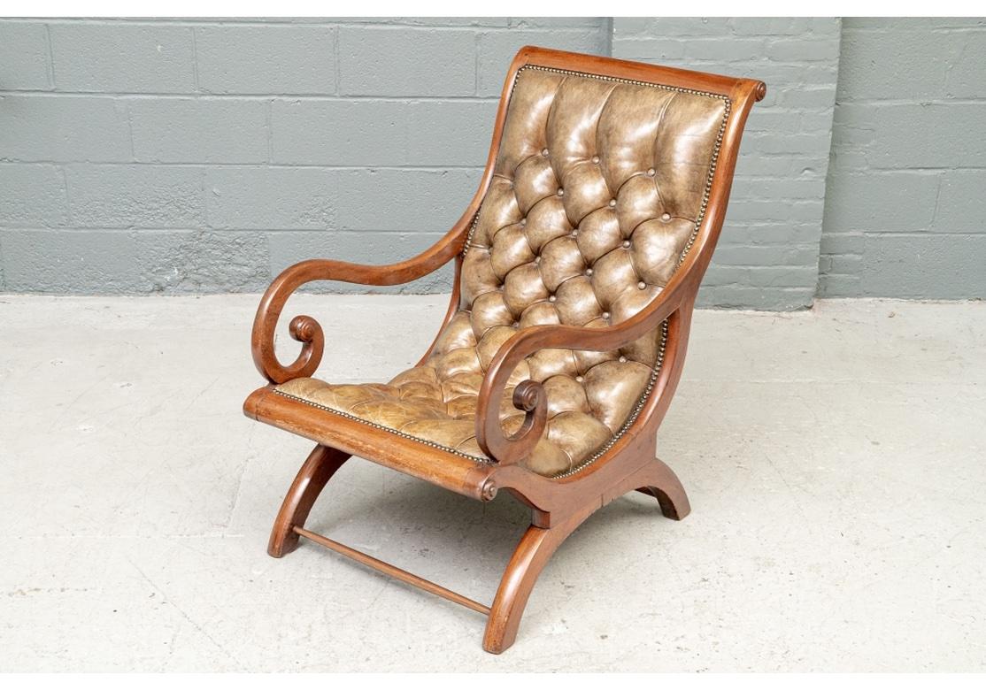 19th Century Very Fine Classic Antique Lolling Chair in Tufted Tan Leather  For Sale