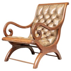 Very Fine Classic Antique Lolling Chair in Tufted Tan Leather 