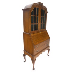 Muy fino Compacto Burl Wood Queen Ann Secretario Escritorio Librería Cómoda Cajones