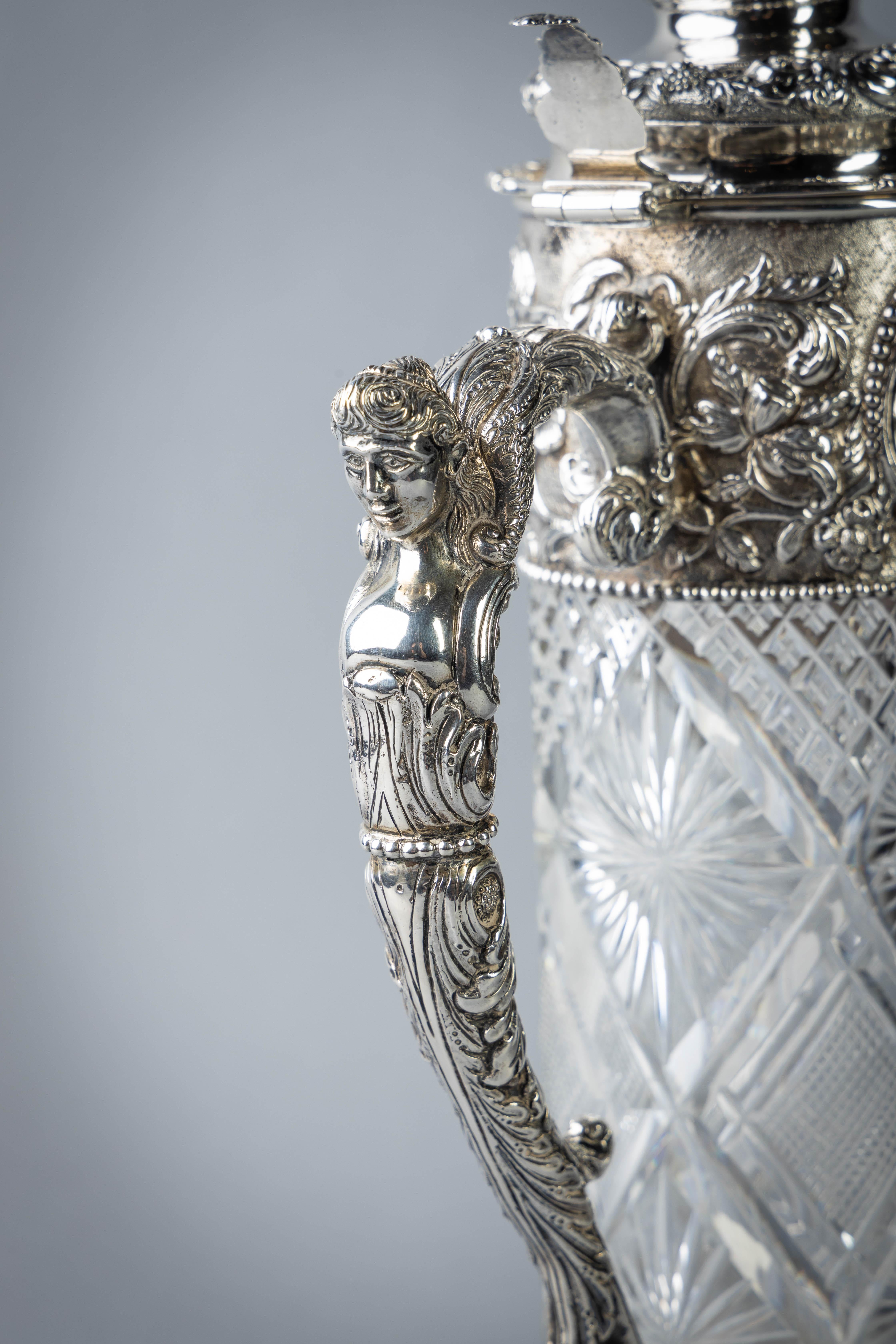 Very Fine Continental Silver and Cut Crystal Pitcher, Dutch, circa 1880 In Good Condition For Sale In New York, NY