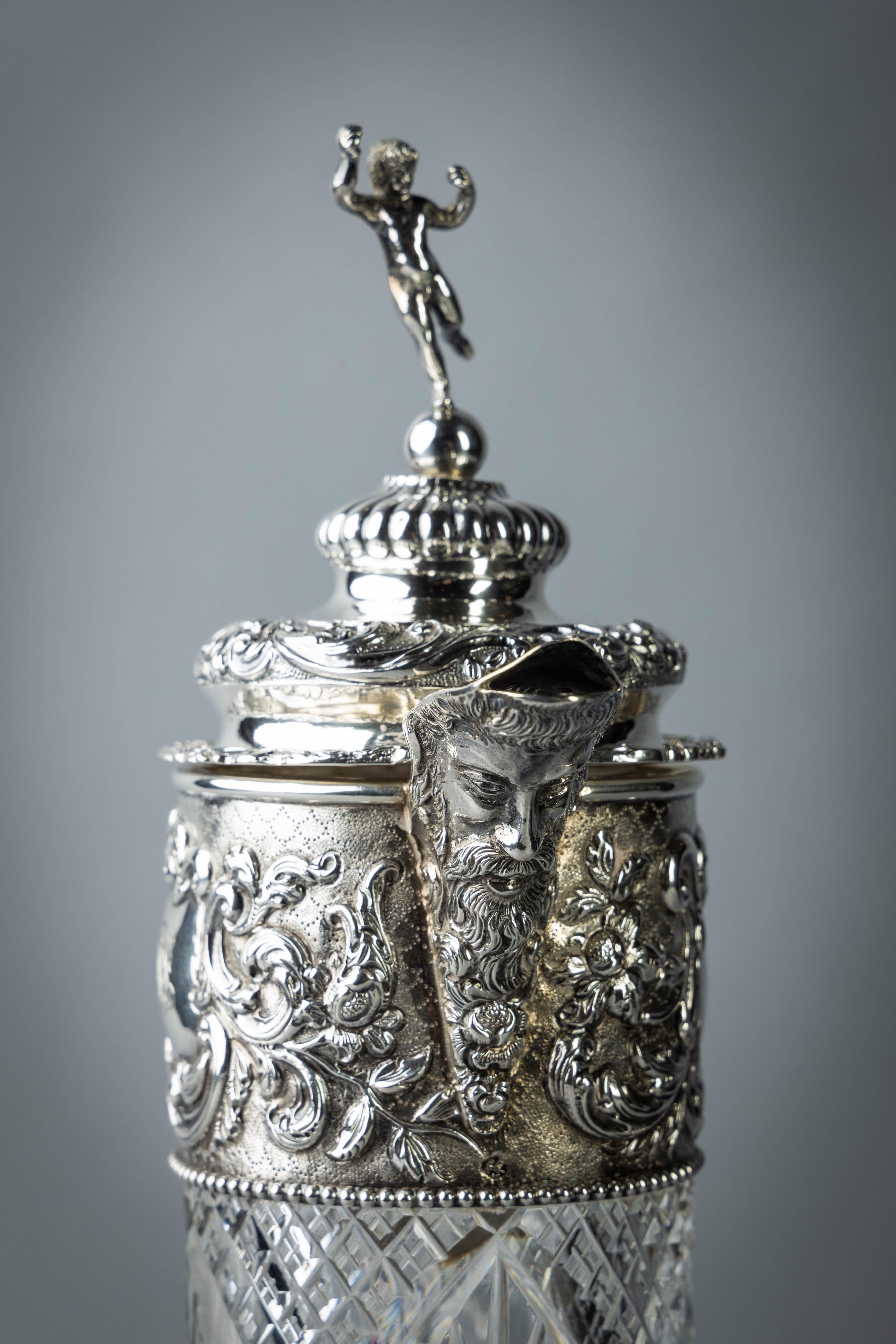 Late 19th Century Very Fine Continental Silver and Cut Crystal Pitcher, Dutch, circa 1880 For Sale