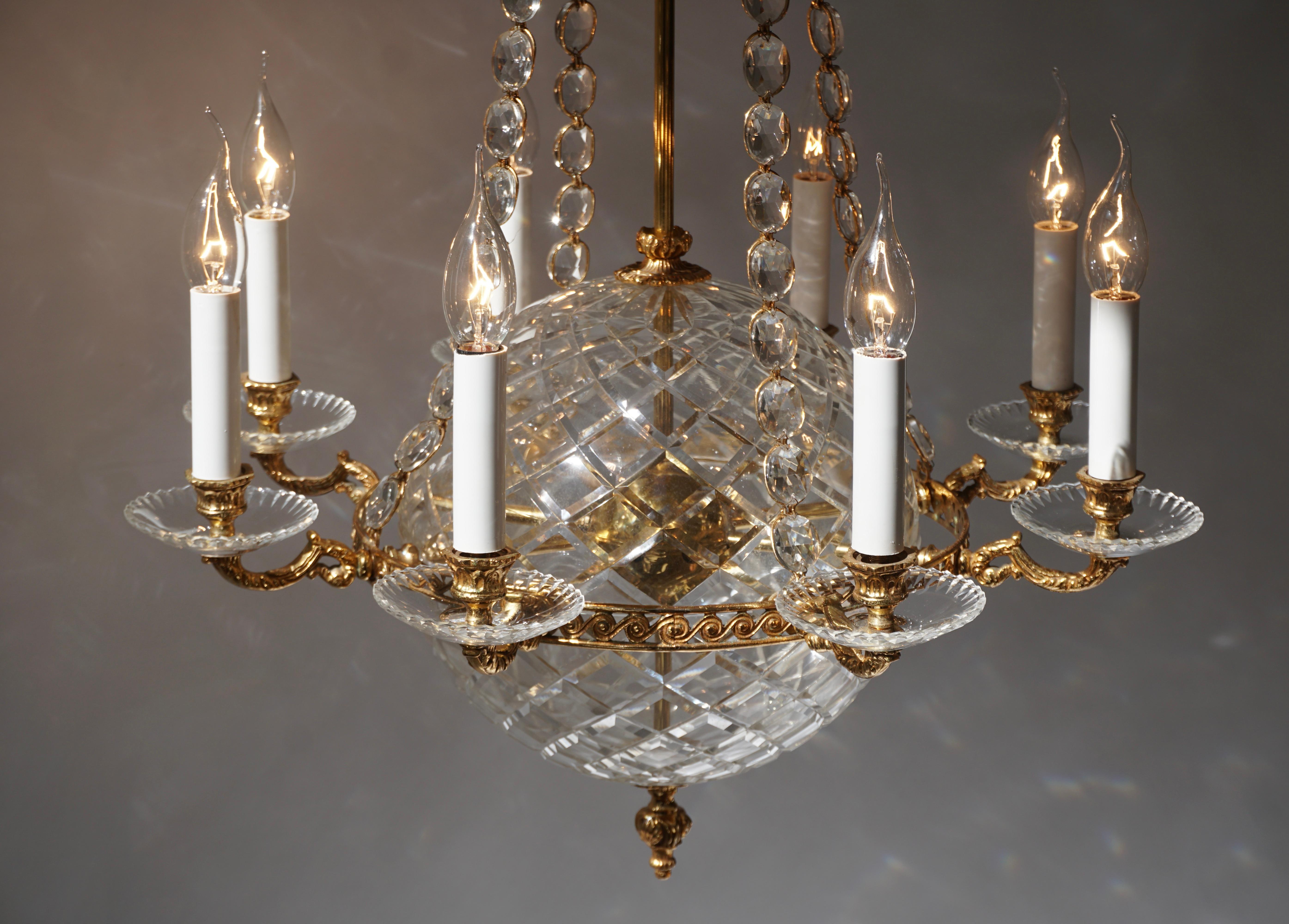  Crystal Glass Globe and Brass Chandelier For Sale 3