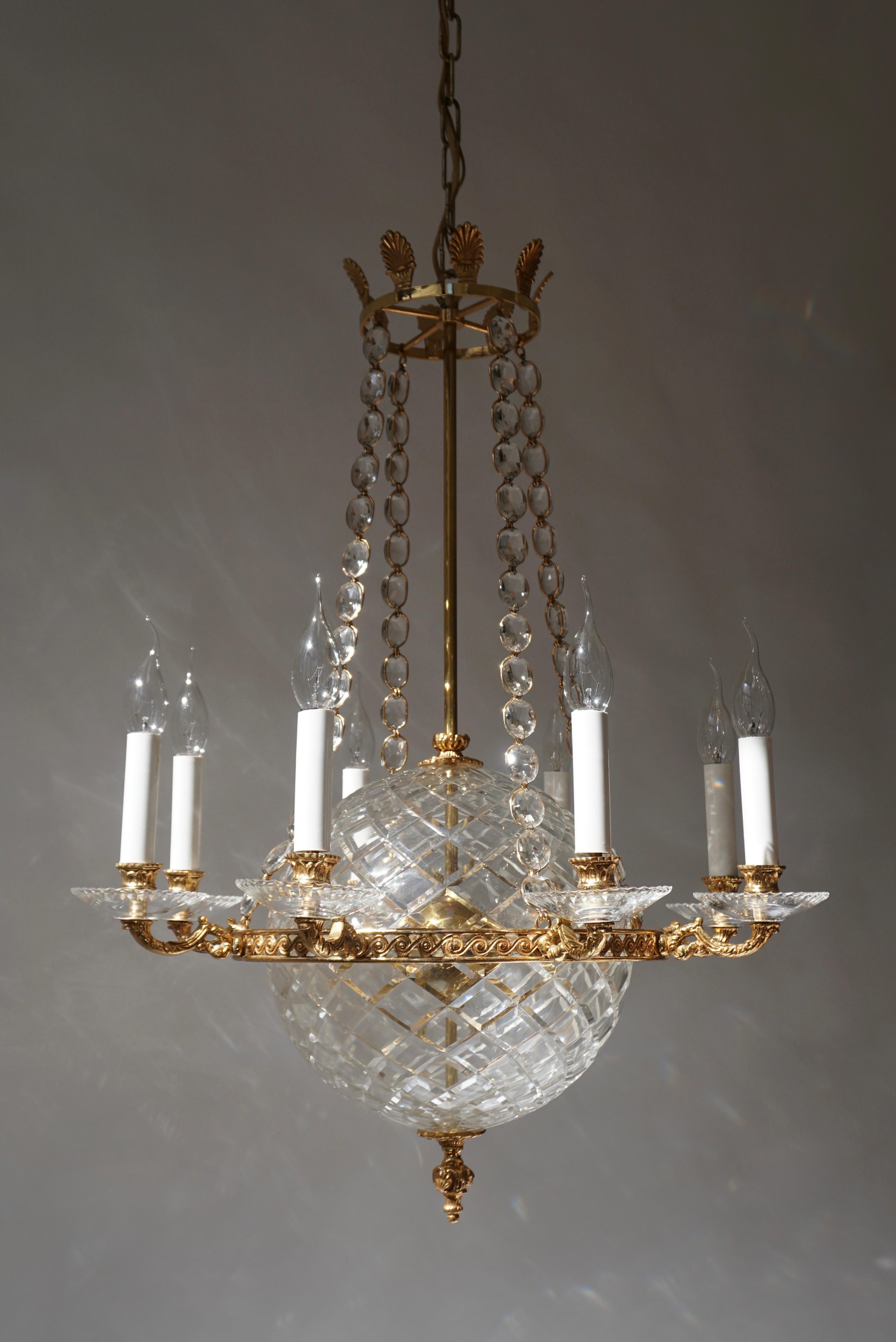  Crystal Glass Globe and Brass Chandelier For Sale 4