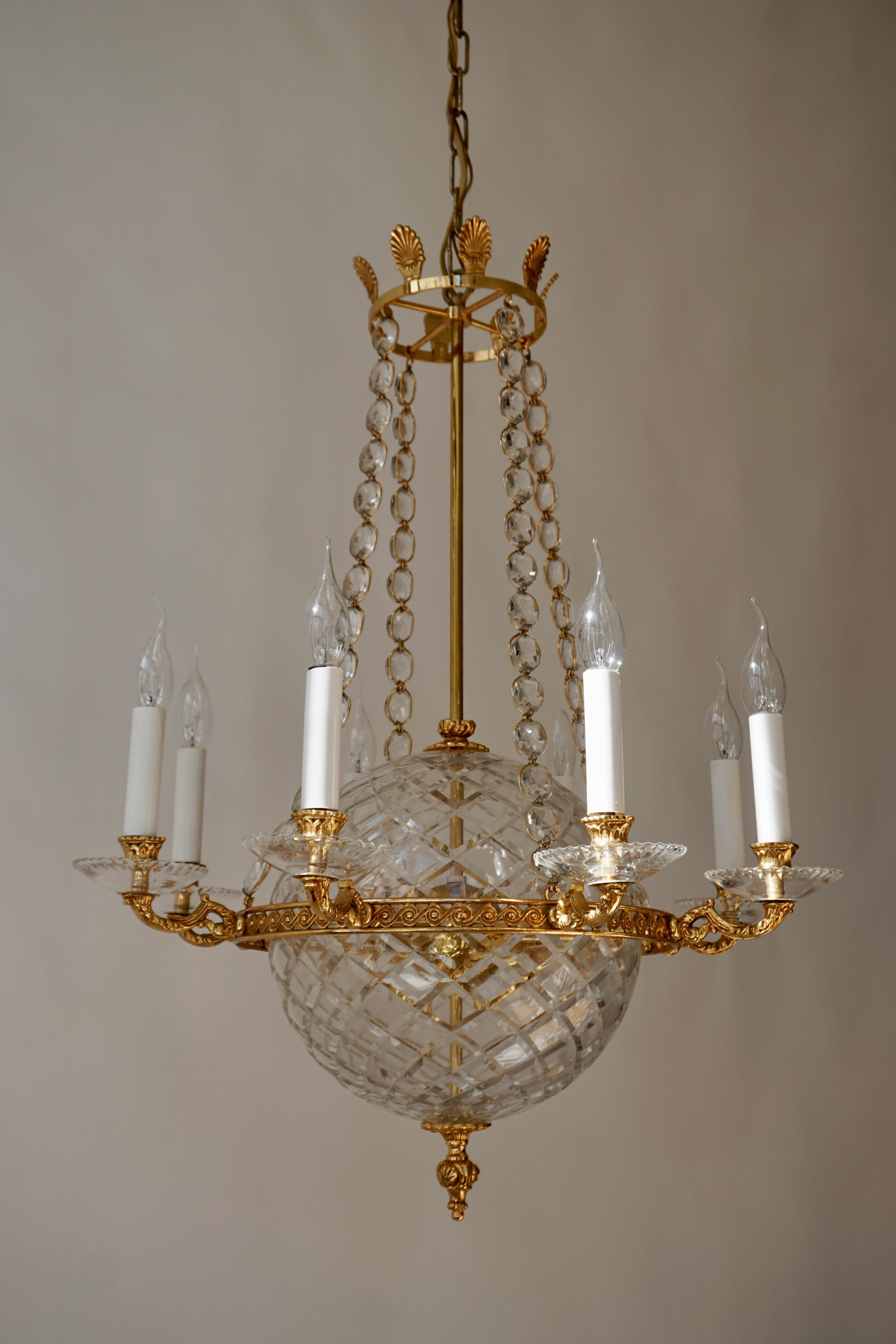 French  Crystal Glass Globe and Brass Chandelier For Sale
