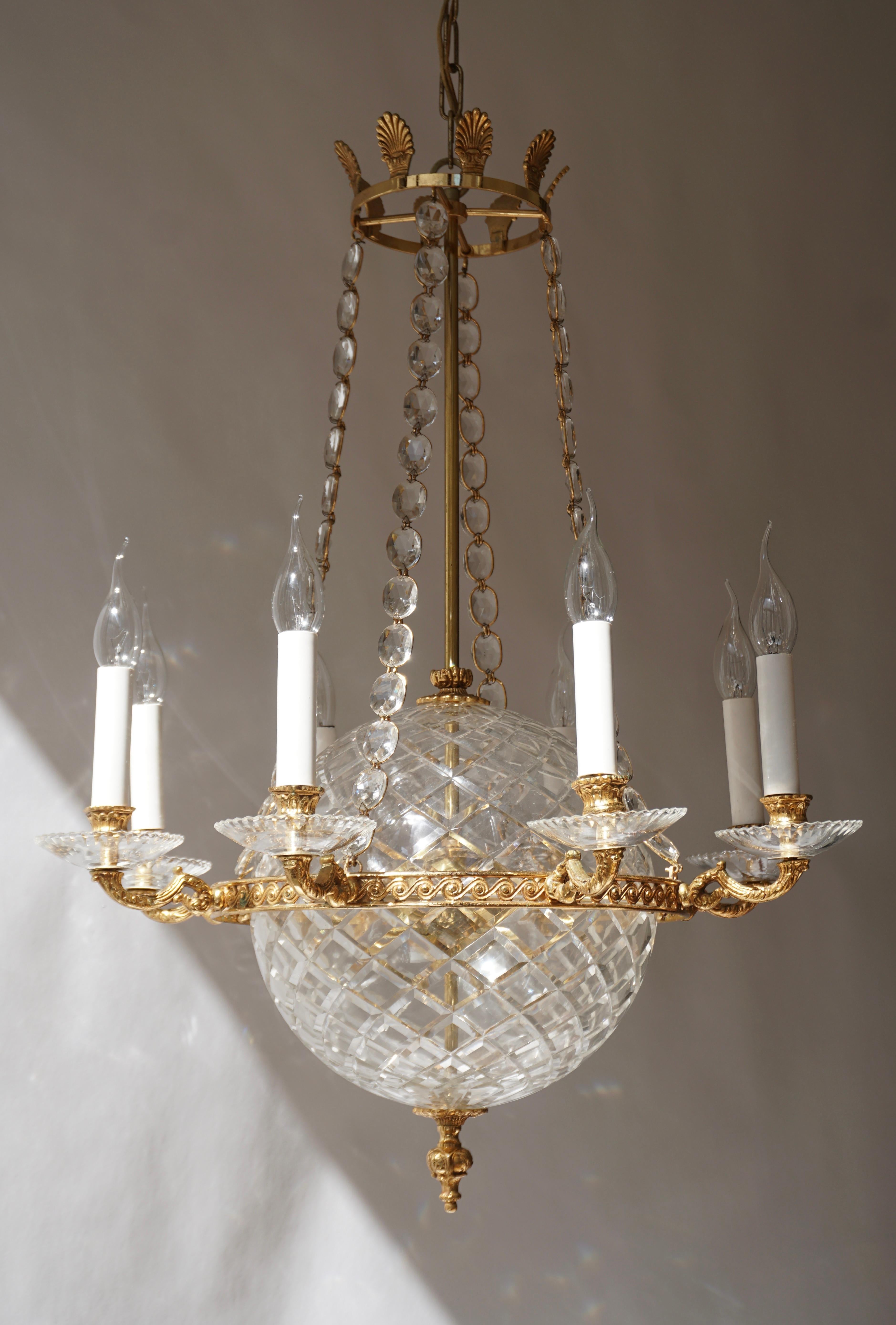 Gilt  Crystal Glass Globe and Brass Chandelier For Sale