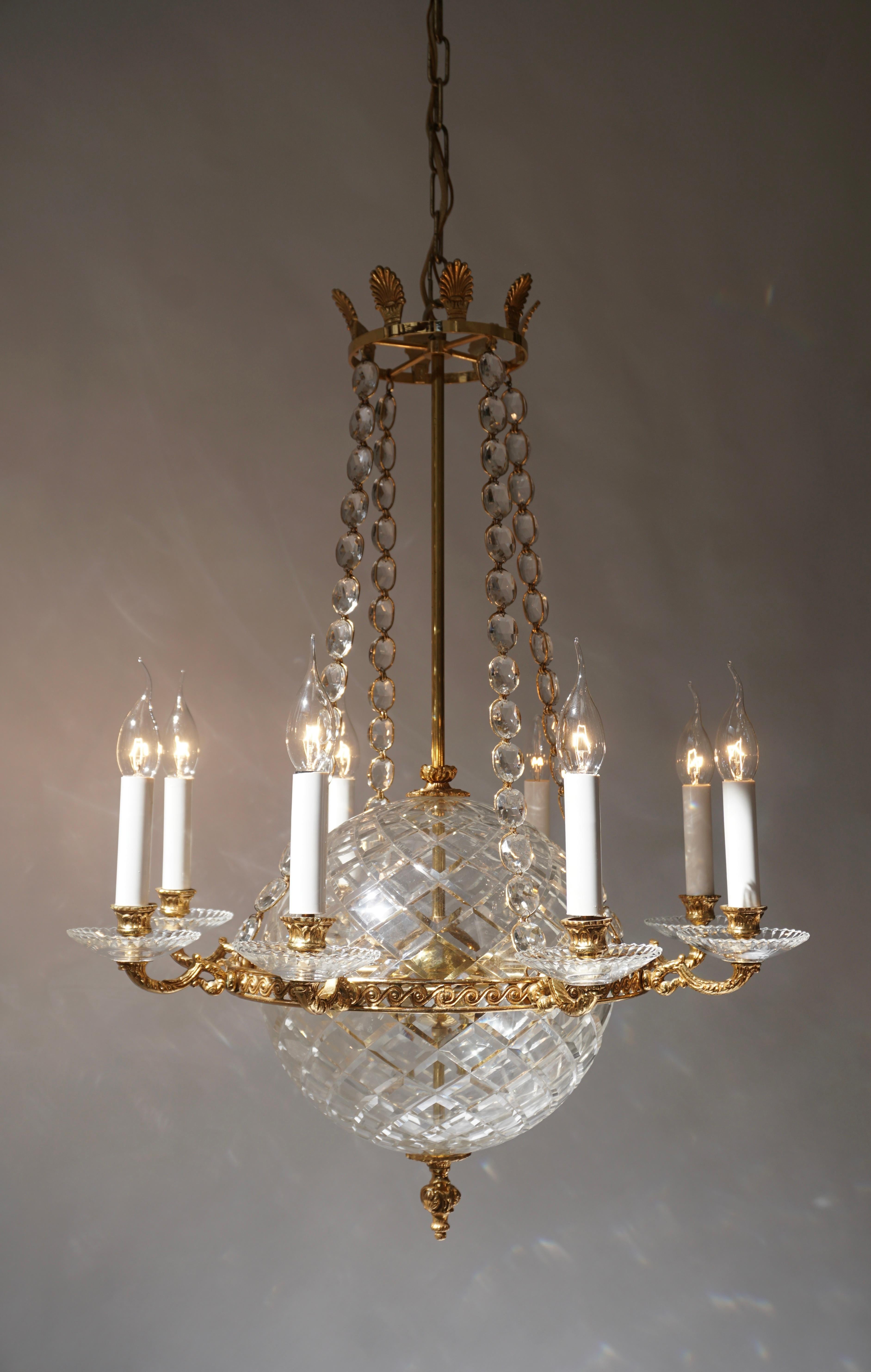  Crystal Glass Globe and Brass Chandelier For Sale 1
