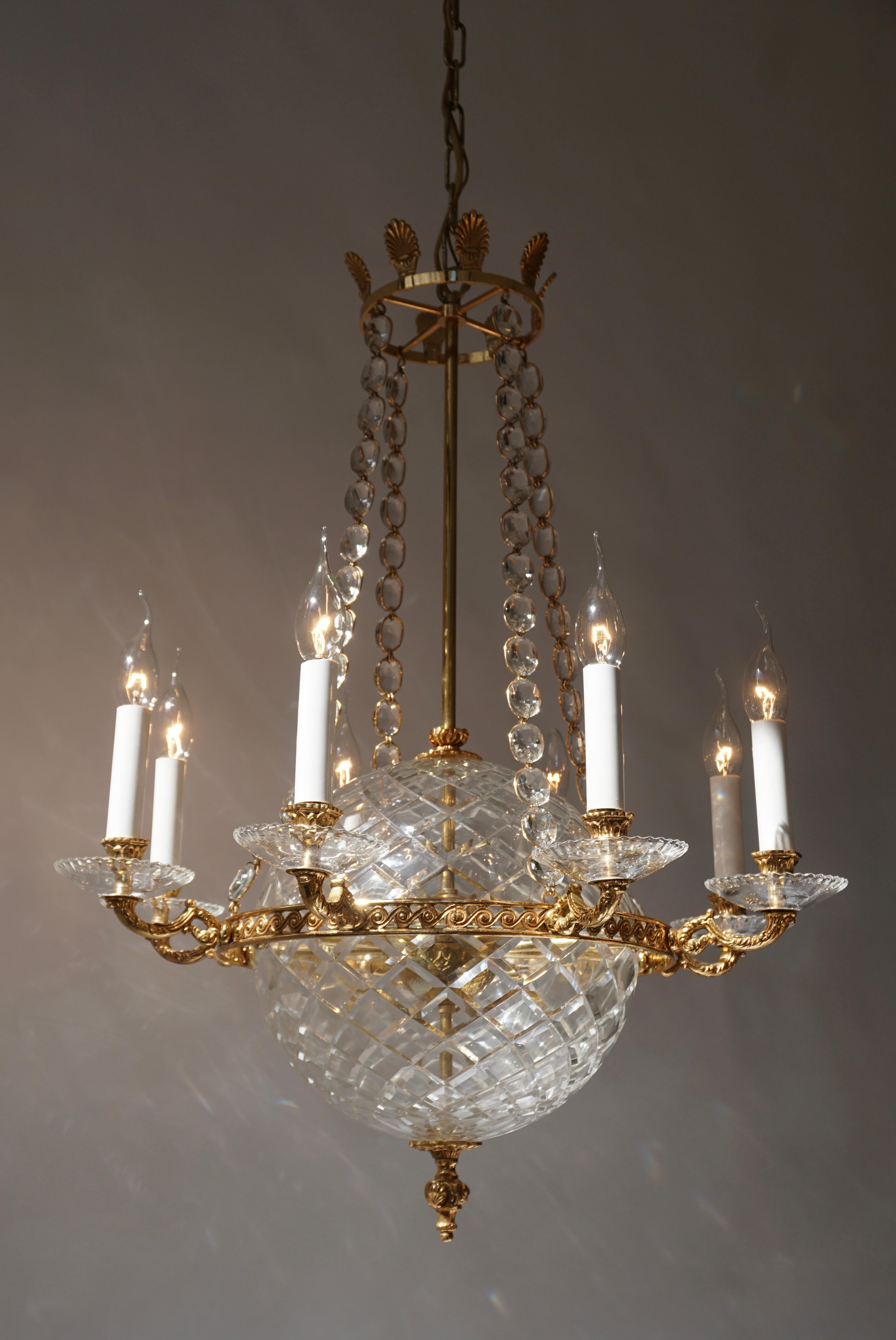  Crystal Glass Globe and Brass Chandelier For Sale 2