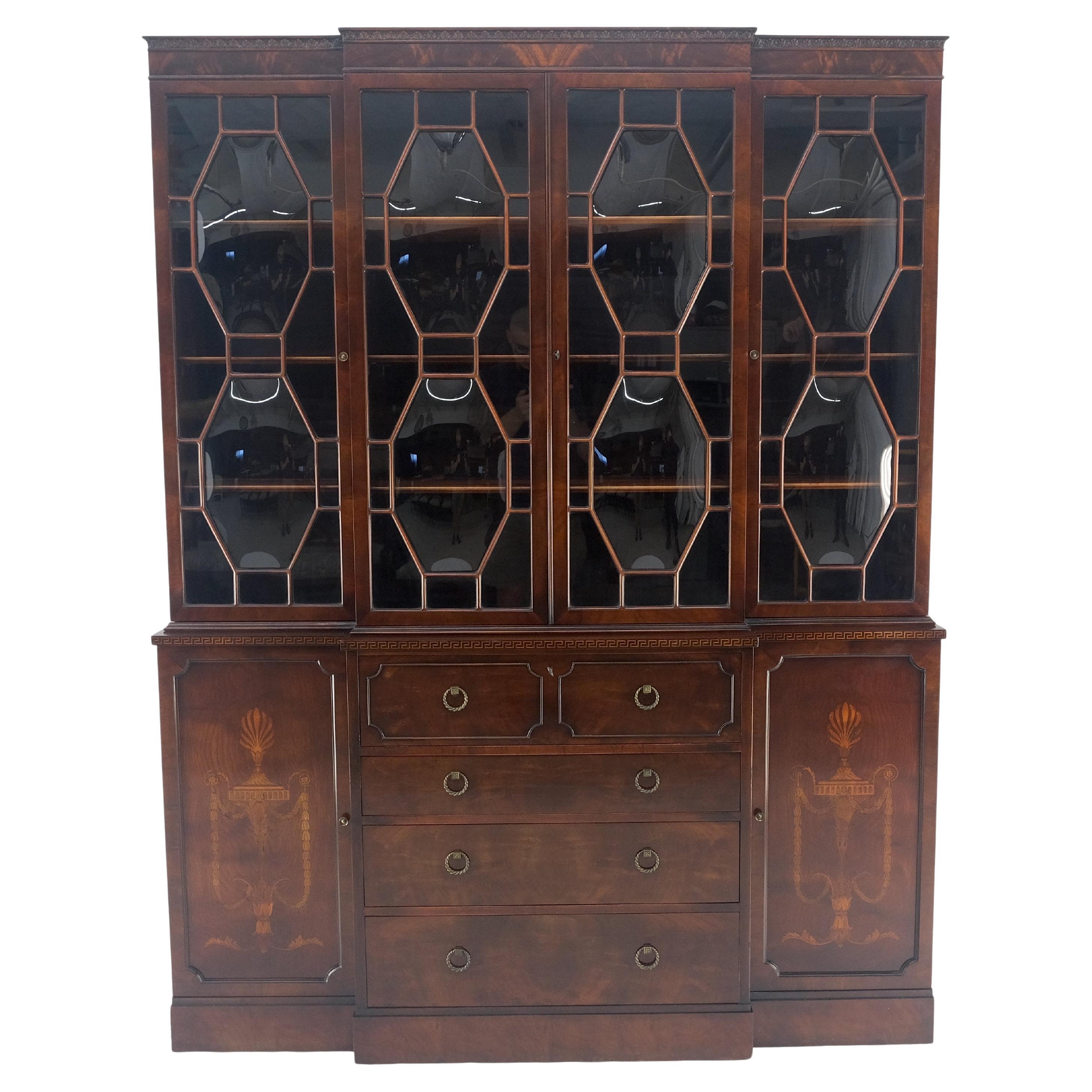Very Fine Custom c1940s Bubble Glass Drop Front Butlers Desk Break Front MINT.
Phenomenal quality piece of furniture, fine detail low key inlay decorations. 