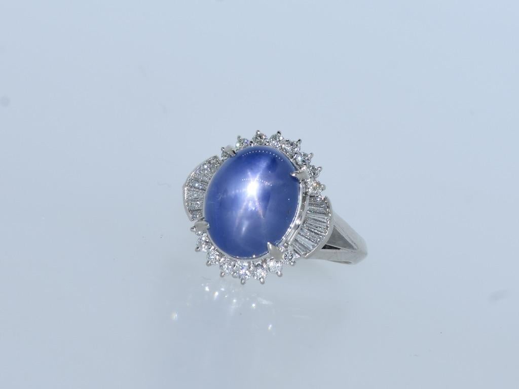 Very Fine Deep Blue Natural Star Sapphire, 11.74 cts. and fine Diamond Ring For Sale 1