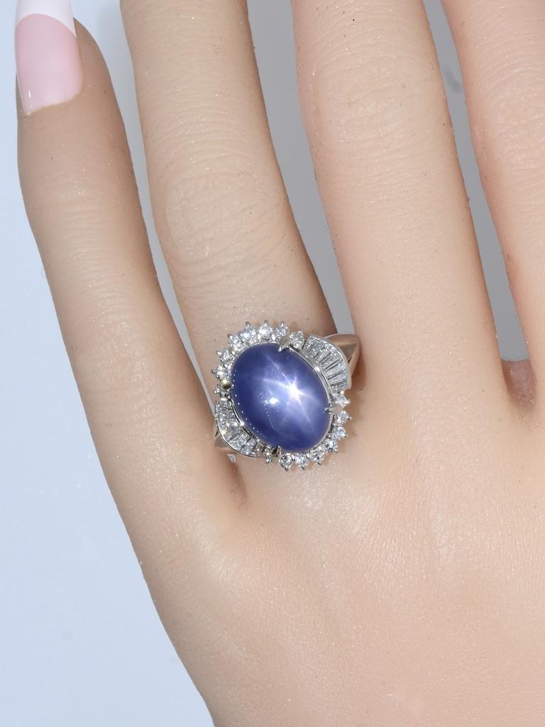 Cabochon Very Fine Deep Blue Natural Star Sapphire, 11.74 cts. and fine Diamond Ring For Sale