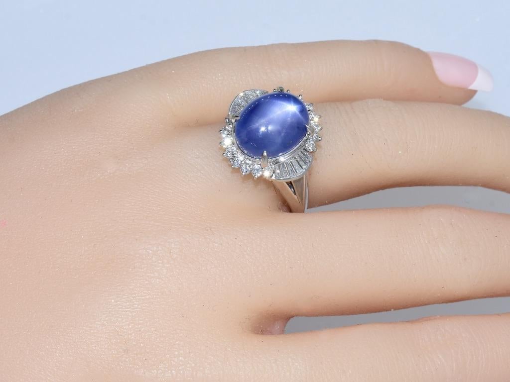 Very Fine Deep Blue Natural Star Sapphire, 11.74 cts. and fine Diamond Ring In Excellent Condition For Sale In Aspen, CO