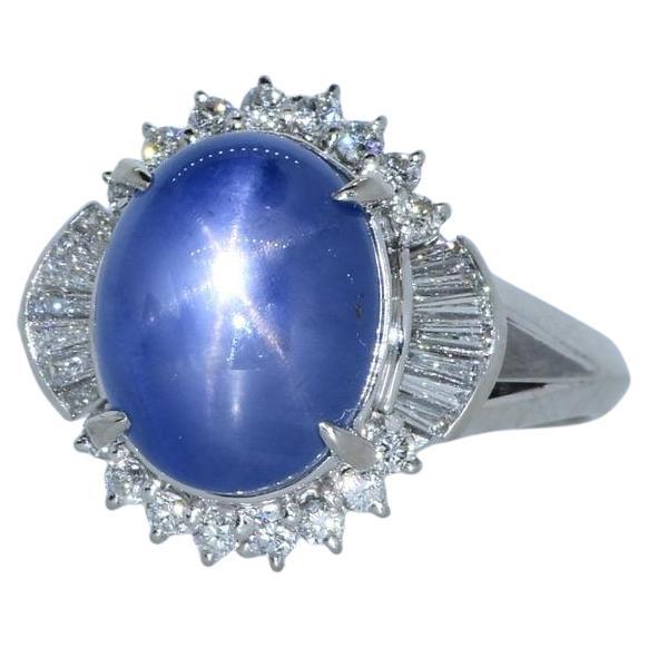 Very Fine Deep Blue Natural Star Sapphire, 11.74 cts. and fine Diamond Ring For Sale