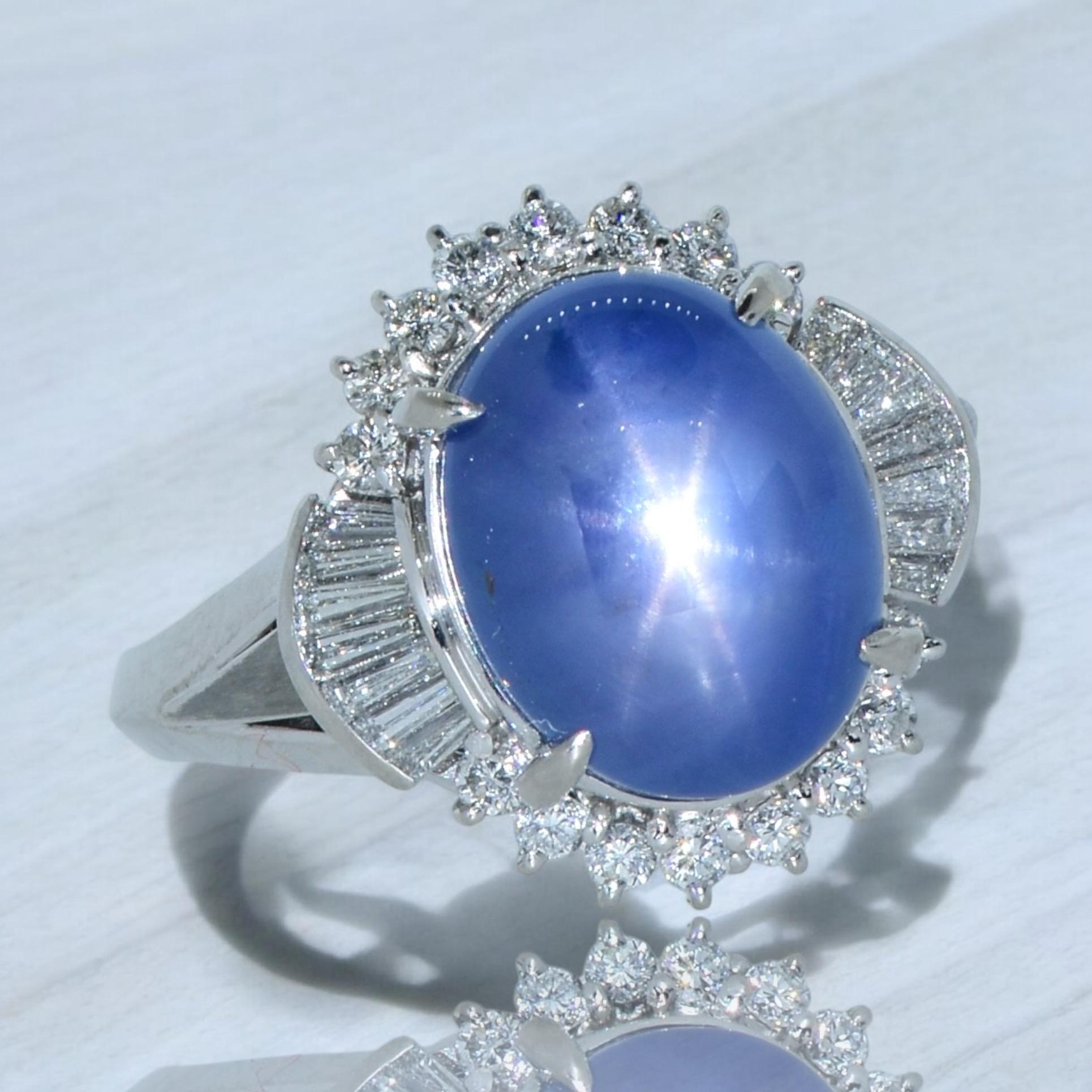 Women's or Men's Very Fine Deep Blue Natural Star Sapphire, 11.74 cts. and fine Diamond Ring For Sale