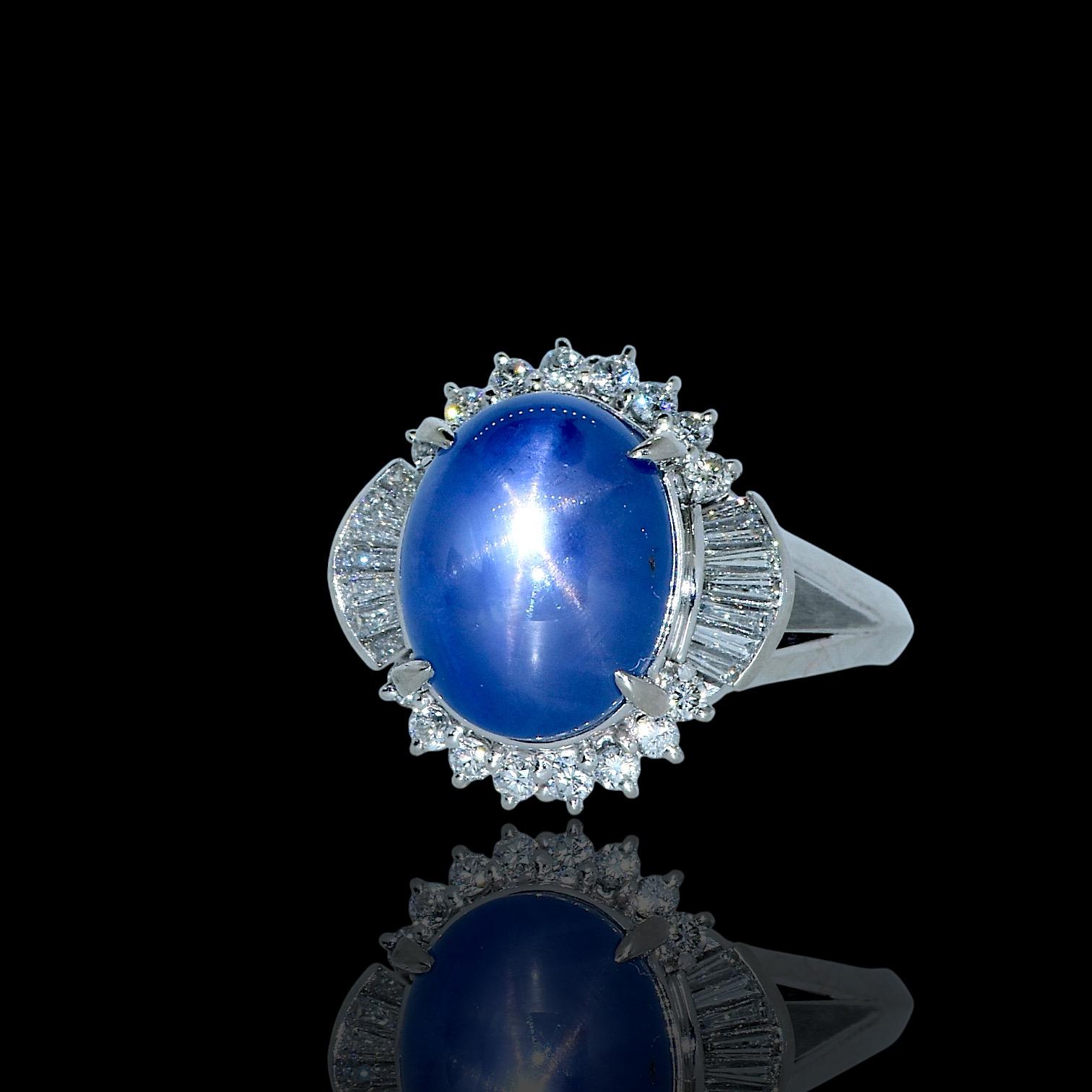 Contemporary Very Fine Deep Blue Natural Star Sapphire, 11.74 cts. and fine Diamond Ring For Sale