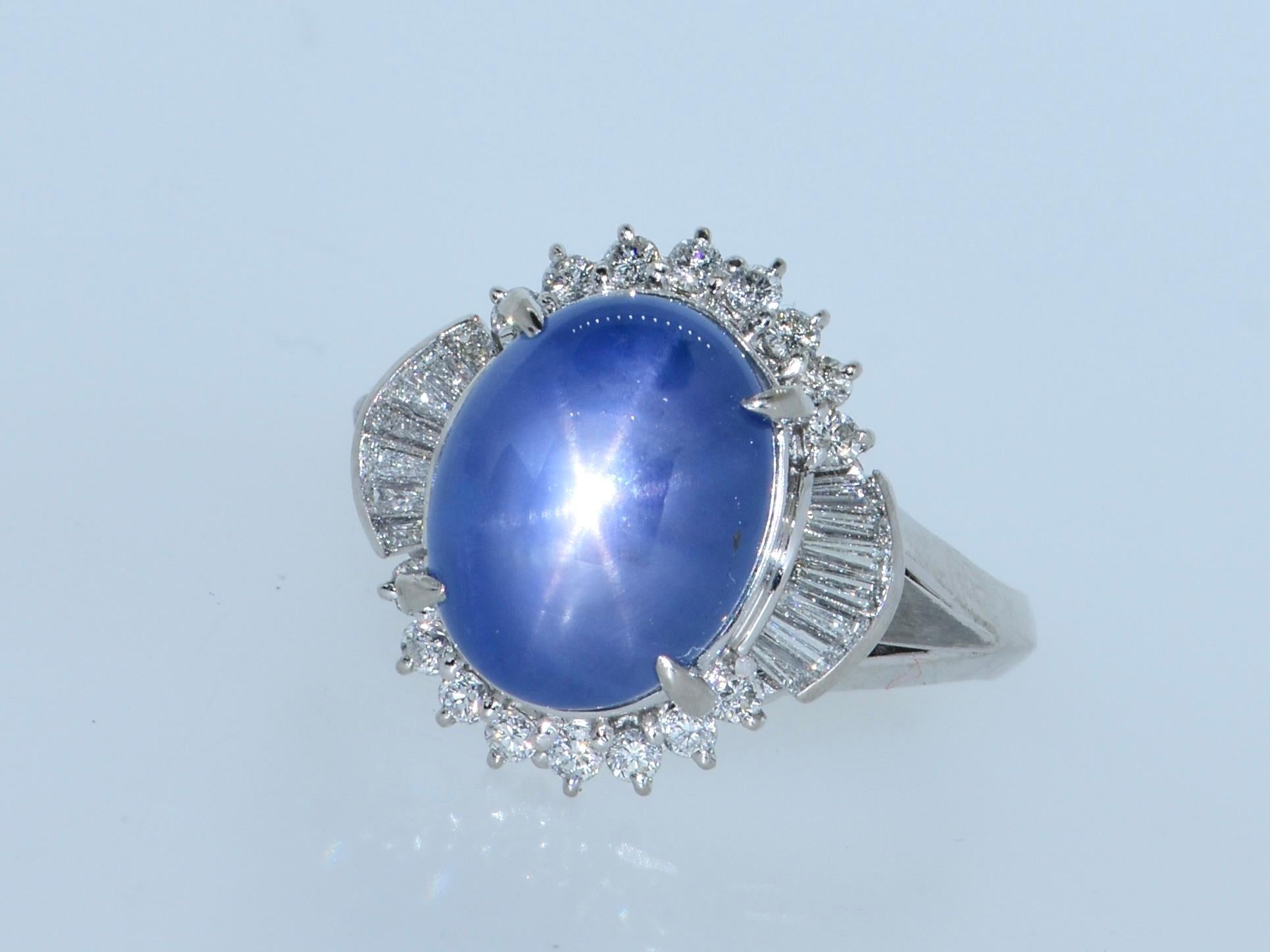 Very Fine Deep Blue Natural Star Sapphire, 11.74 cts. and fine Diamond Ring For Sale 3