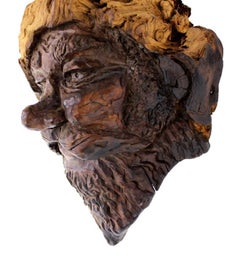 Very Fine Detailed Burl Wood Carving of an Elf or Gnome Face Wall Sculpture MINT