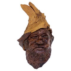 Very Fine Detailed Burl Wood Carving of an Elf or Gnome Face Wall Sculpture MINT