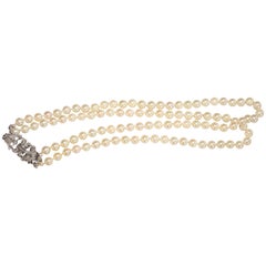Very Fine Double Row Pearl Necklet with Diamond Clasp
