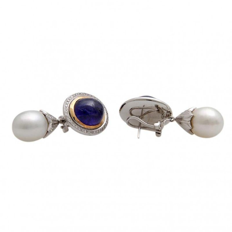 Modern Very Fine Drop Earrings 'Pair' Especially with 2 Tanzanite Cabochons For Sale
