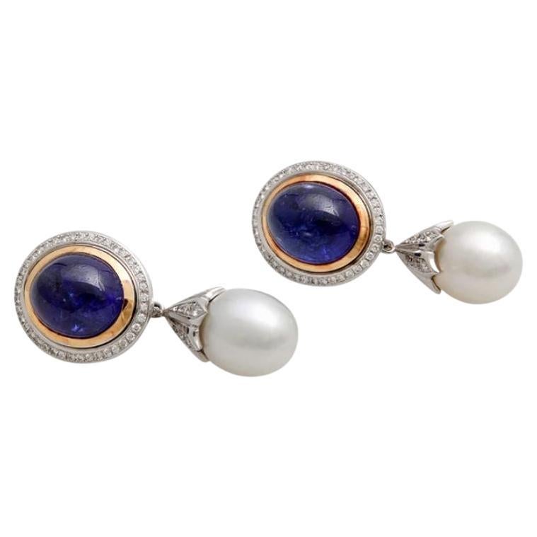 Very Fine Drop Earrings 'Pair' Especially with 2 Tanzanite Cabochons For Sale