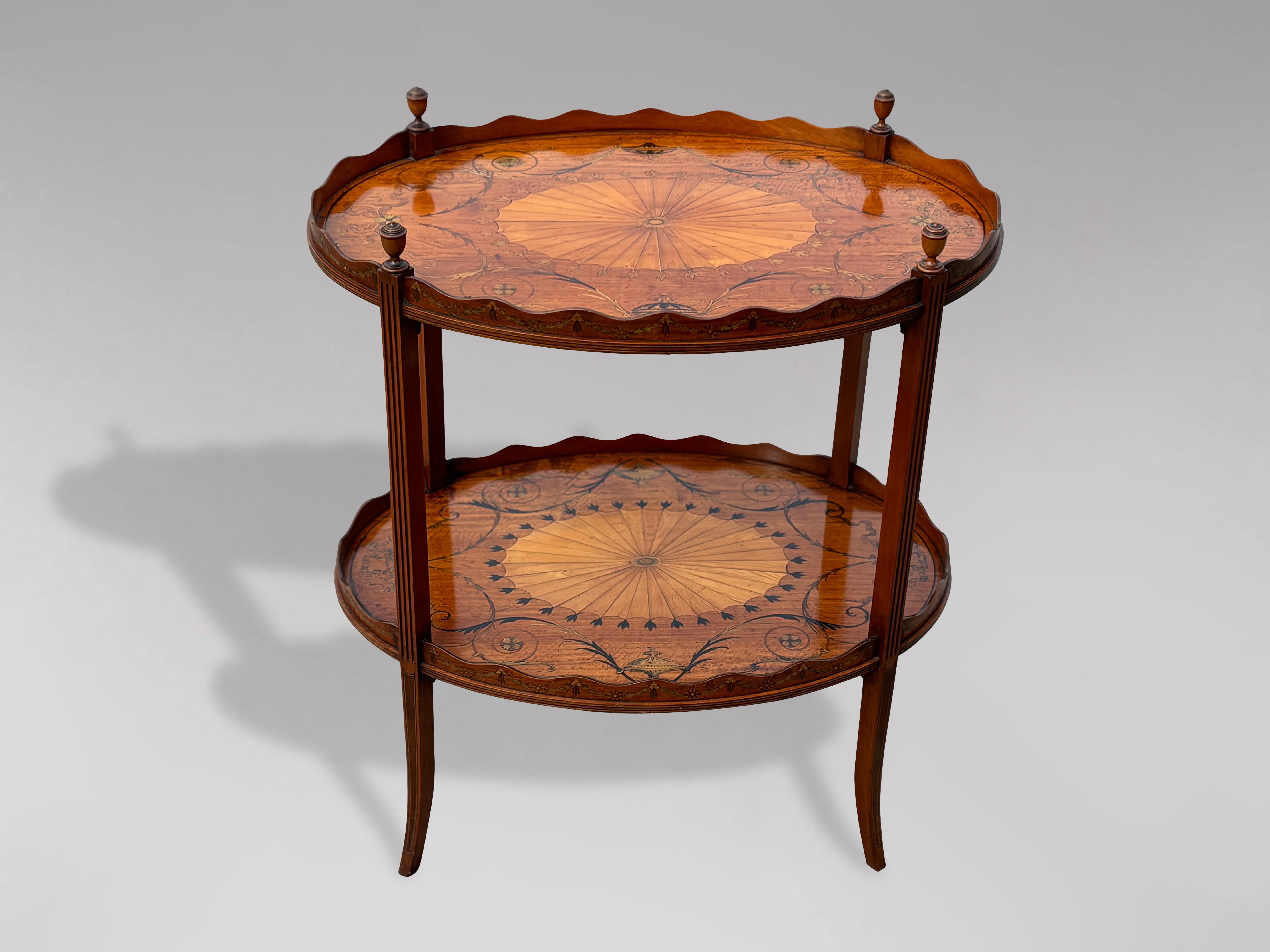 British Very Fine Edwardian Period Marquetry Oval Etagère Tray Table, 1900