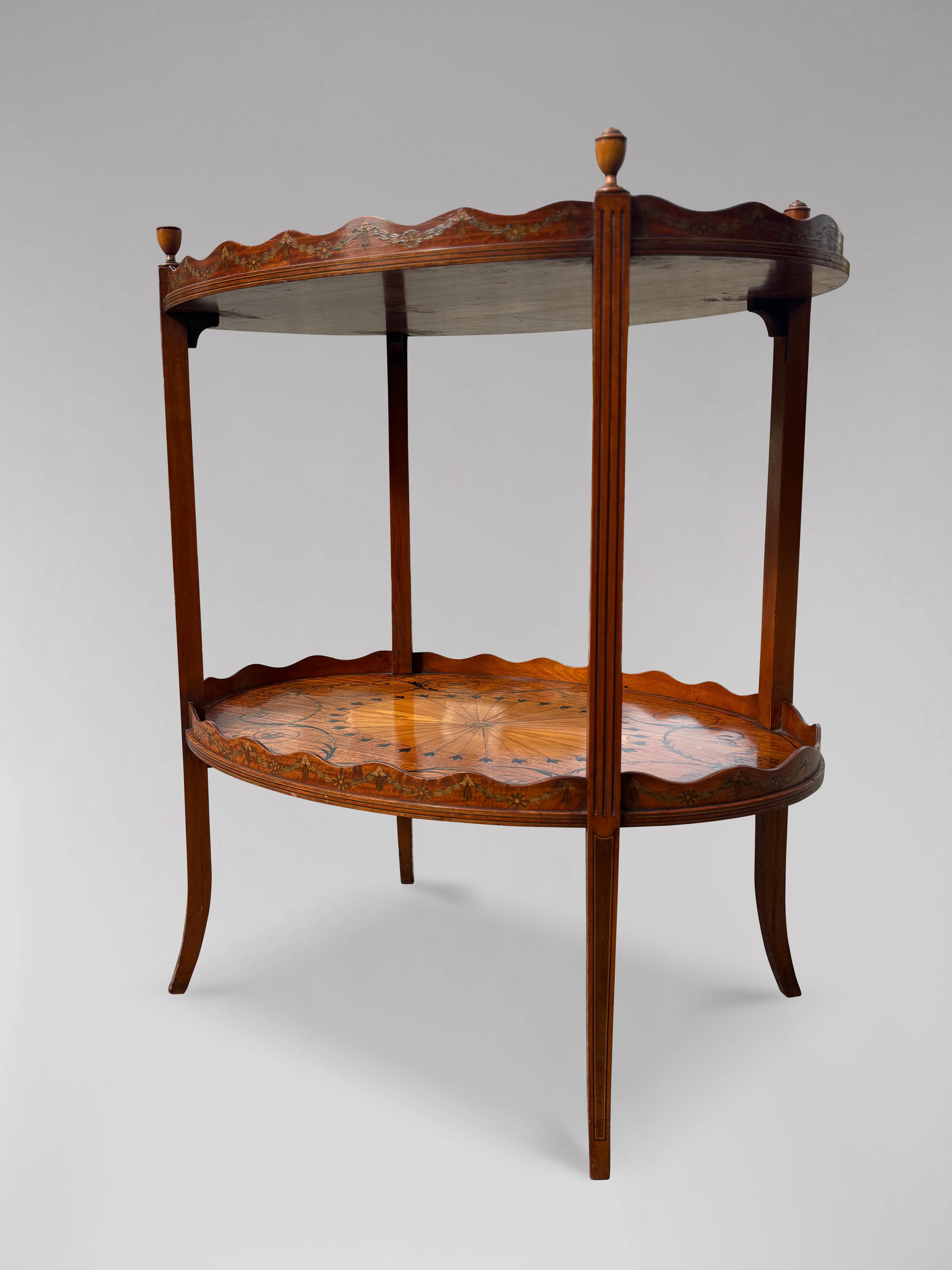 Satinwood Very Fine Edwardian Period Marquetry Oval Etagère Tray Table, 1900