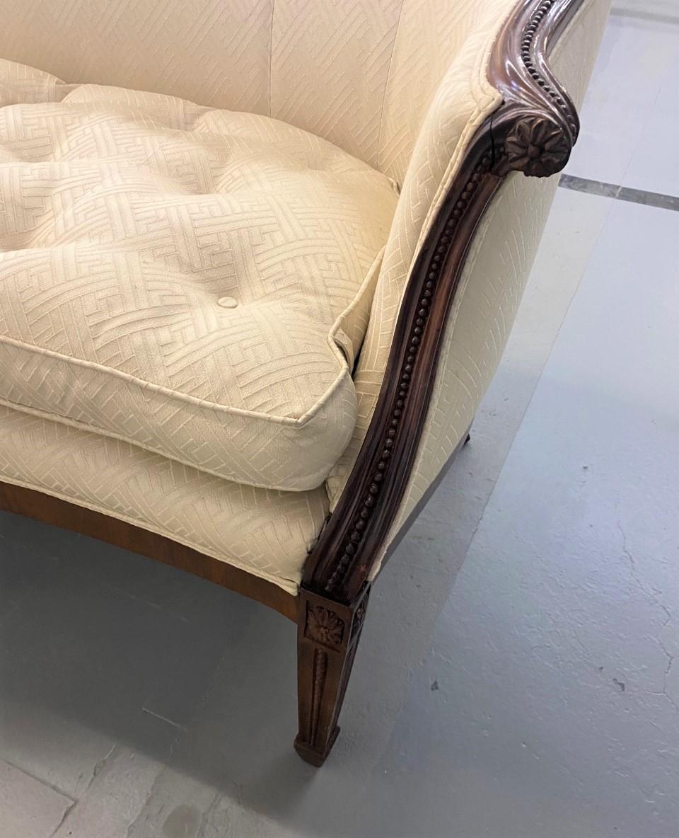 Mahogany Serpentine Shaped Hepplewhite Style Sofa with Pea and Foliate Carving For Sale 1