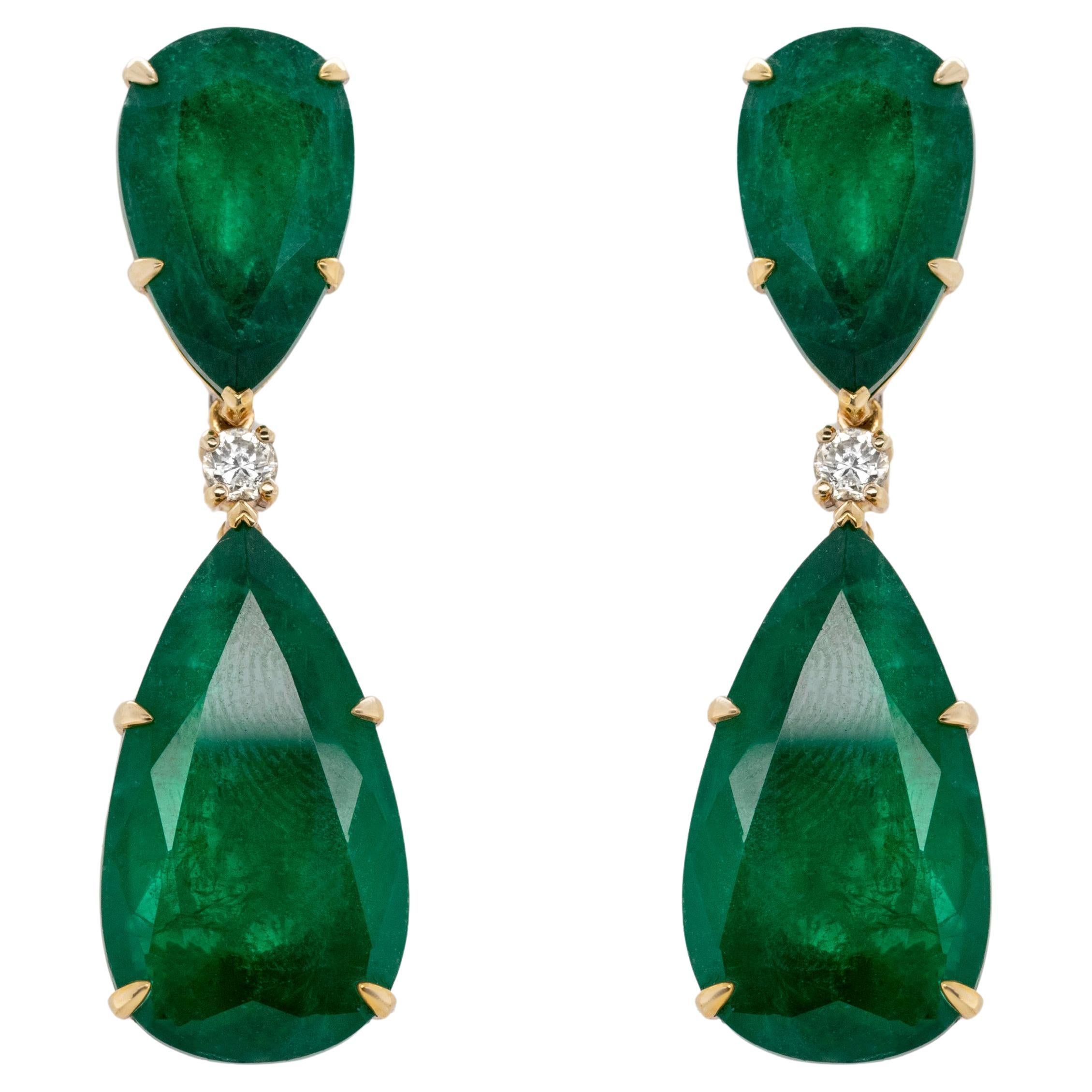 Very Fine Emerald Dangle Earrings With Diamonds 48.51 Carats 18K Yellow Gold For Sale