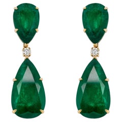 Very Fine Emerald Dangle Earrings With Diamonds 48.51 Carats 18K Yellow Gold