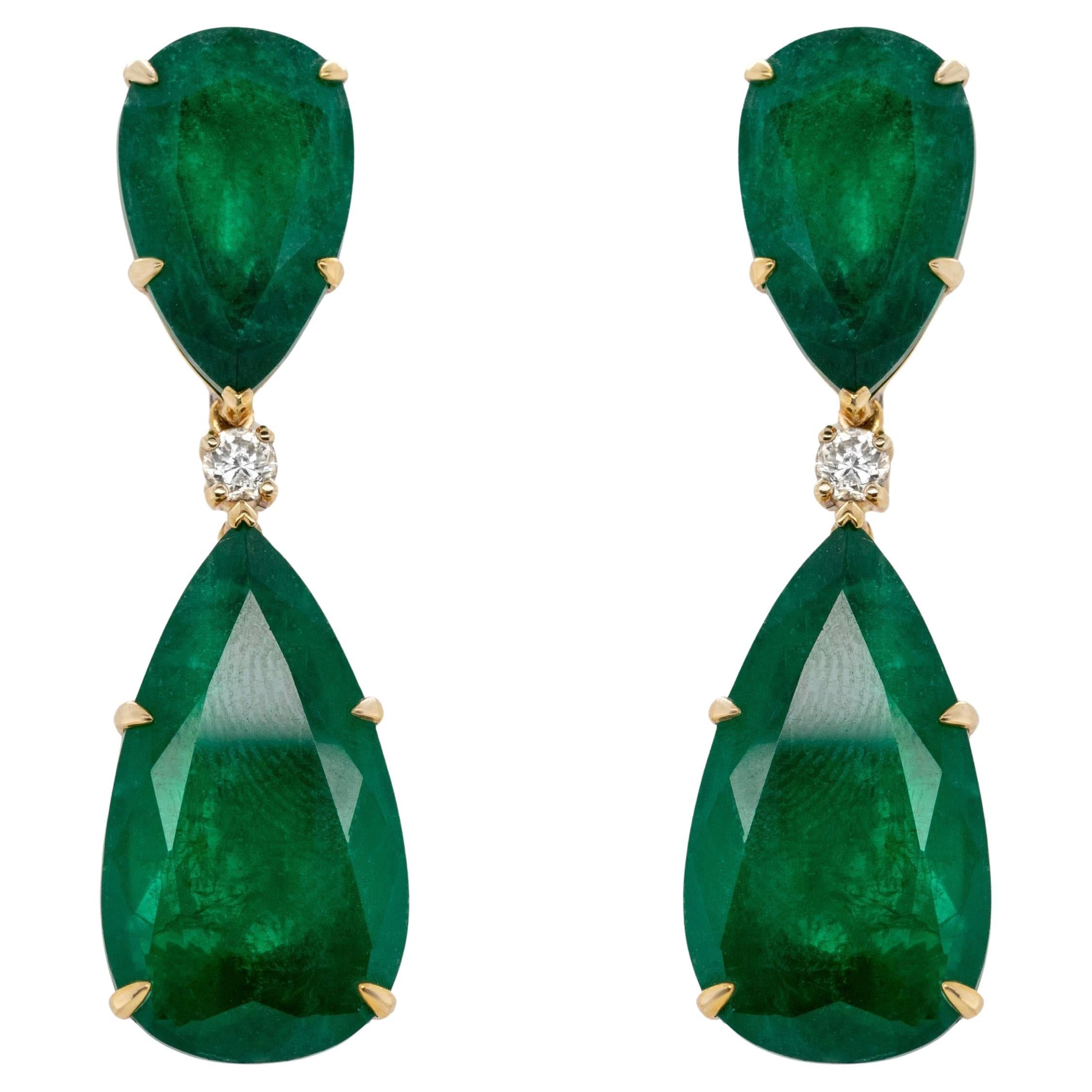 Very Fine Emerald Dangle Earrings With Diamonds 48.51 Carats 18K Yellow Gold For Sale