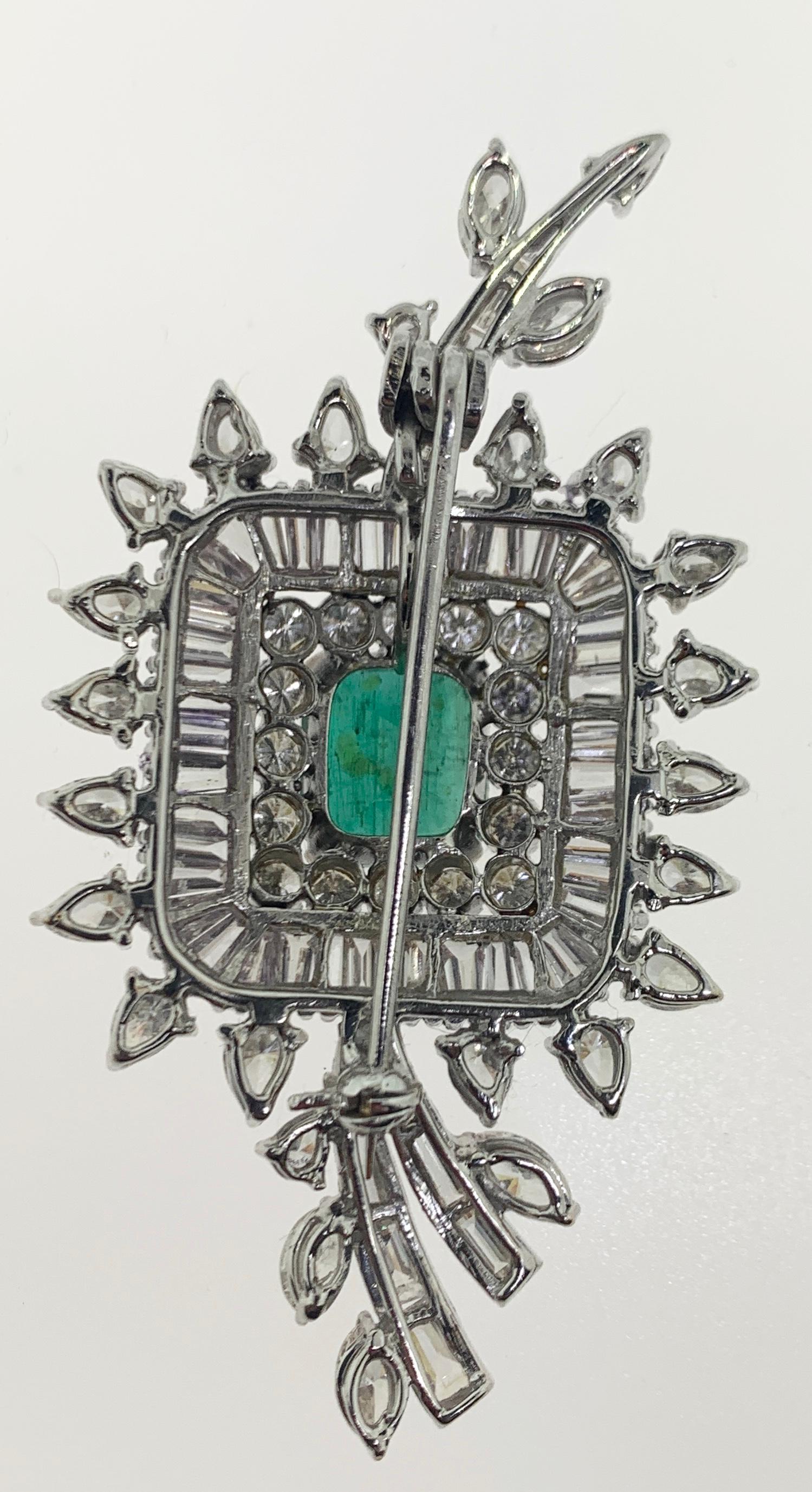 Emerald Cut Very Fine Emerald & Diamond Brooch For Sale