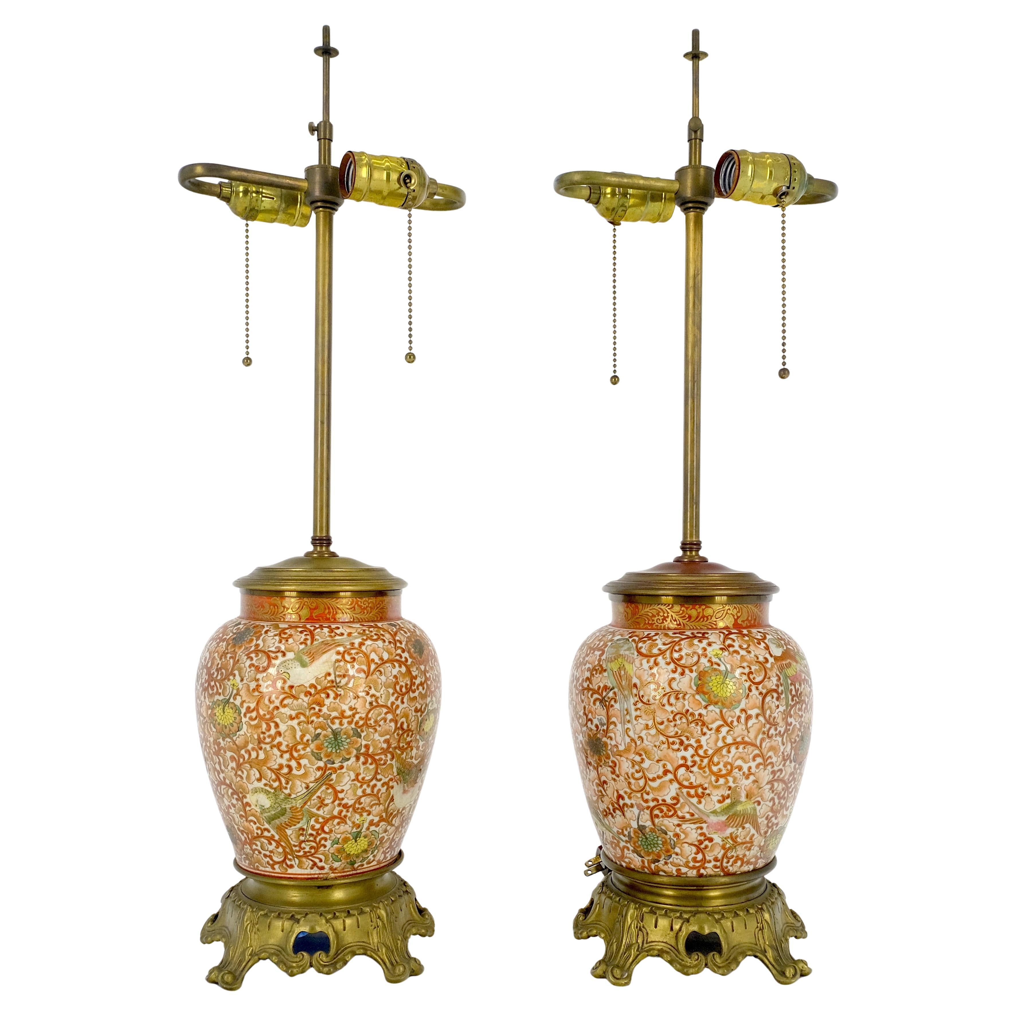 Very Fine Enamel Decorated Satsuma Style Ceramic Bases Table Lamps For Sale